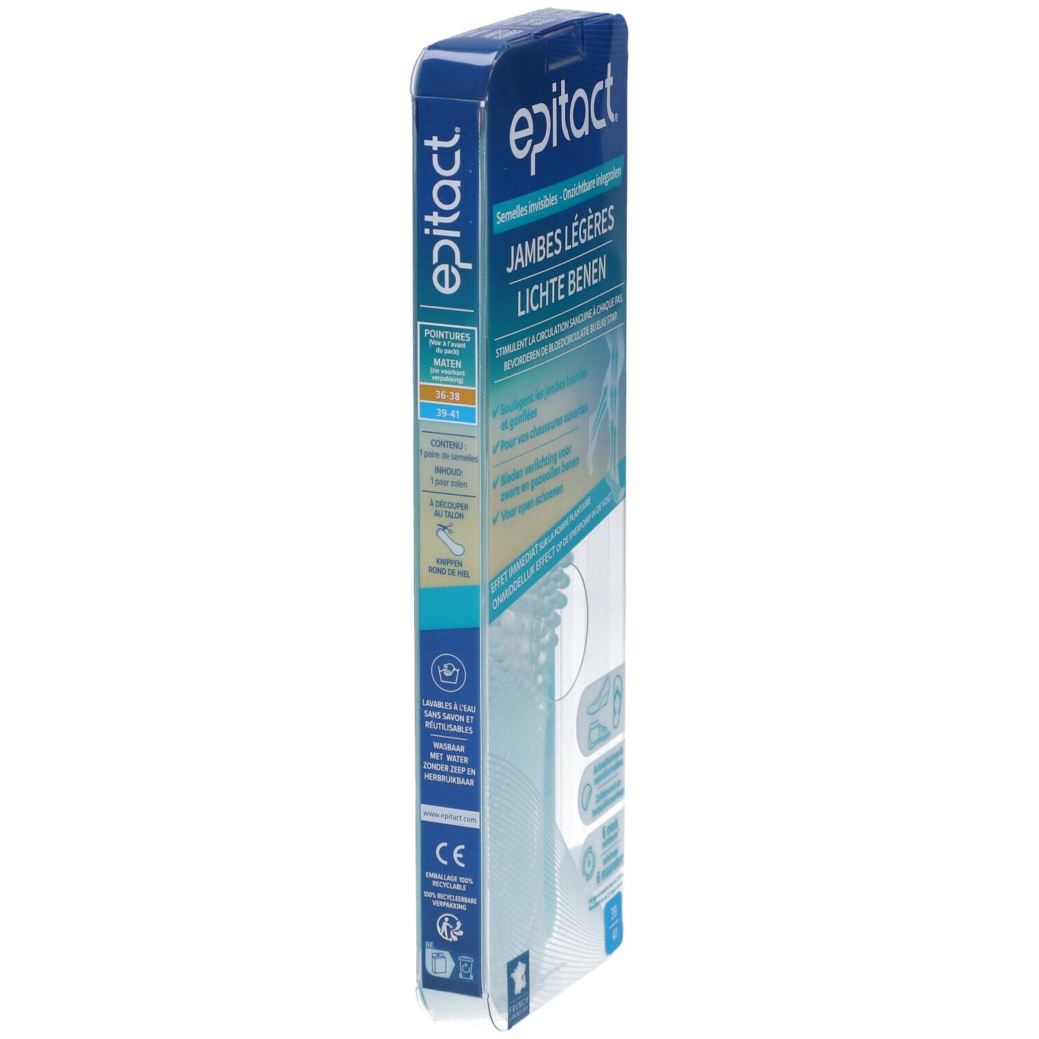 Epitact® Verpackung, Seitenansicht. Text: Jambes légères, Lichte benen. Größe 39-41. CE-Kennzeichnung.