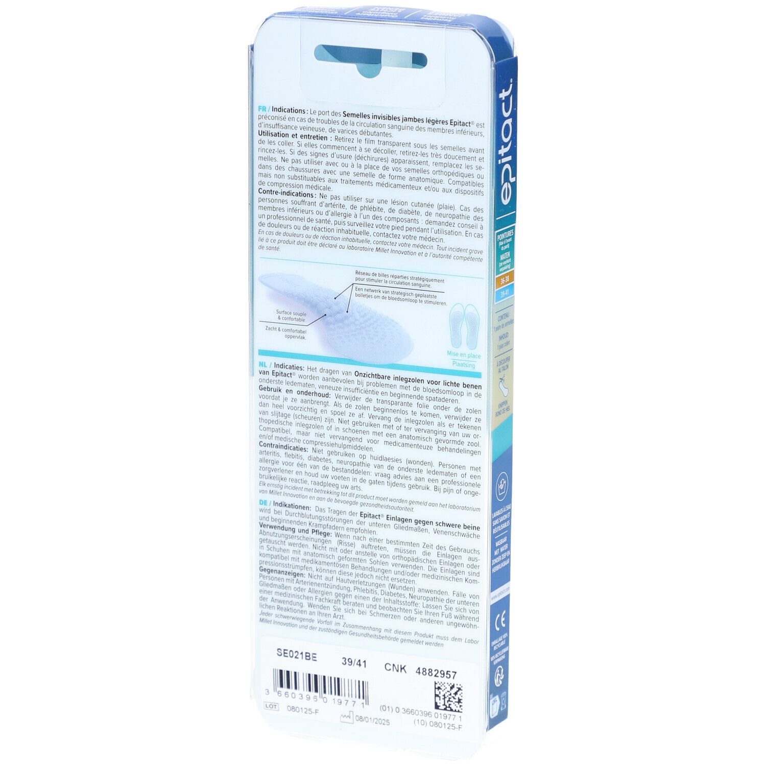 Rückseite der epitact® Verpackung. Text und Illustrationen. Größe 39-41. Informationen zur Anwendung.