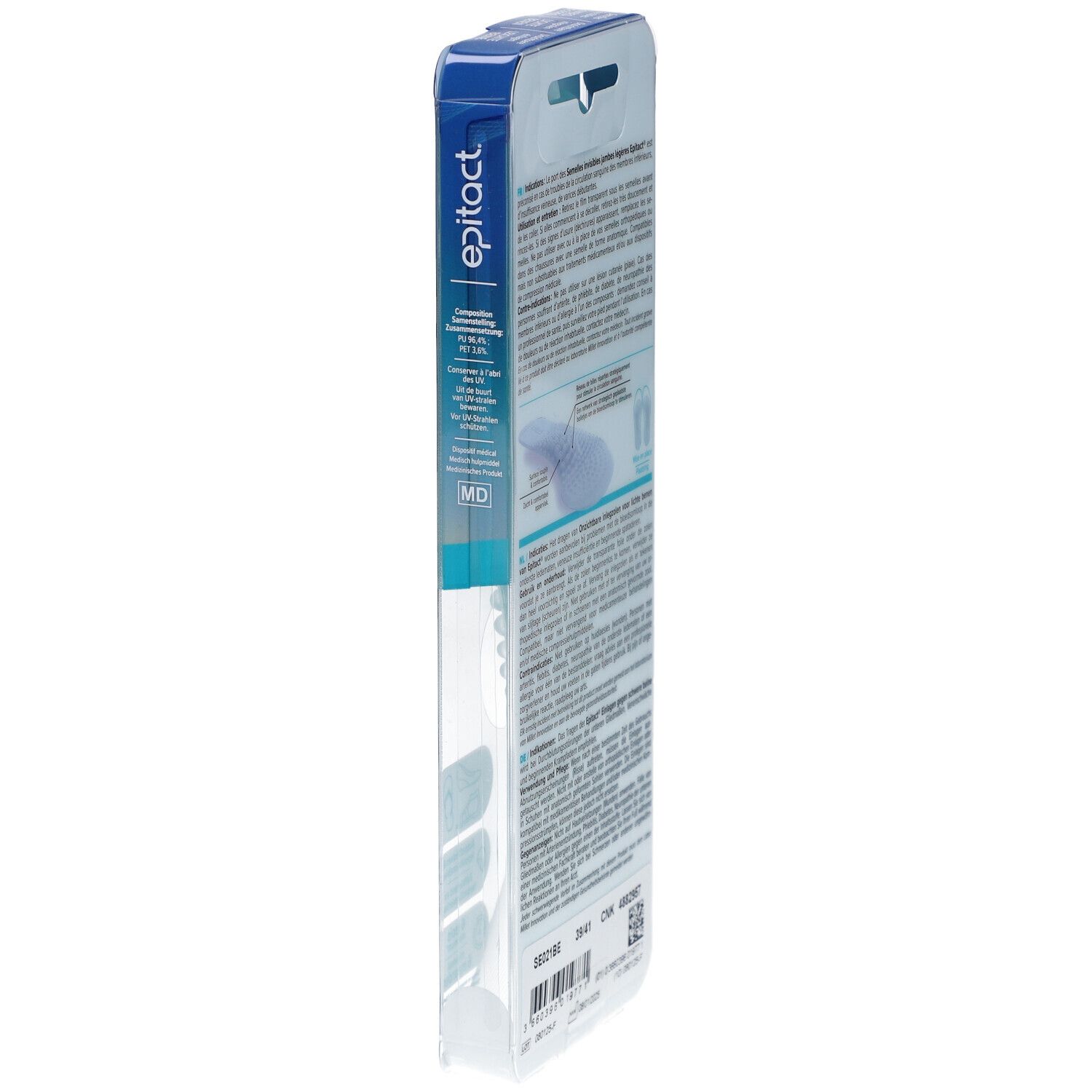 Epitact® Verpackung, Seitenansicht. Text und Informationen. Größe 39-41. MD-Kennzeichnung.