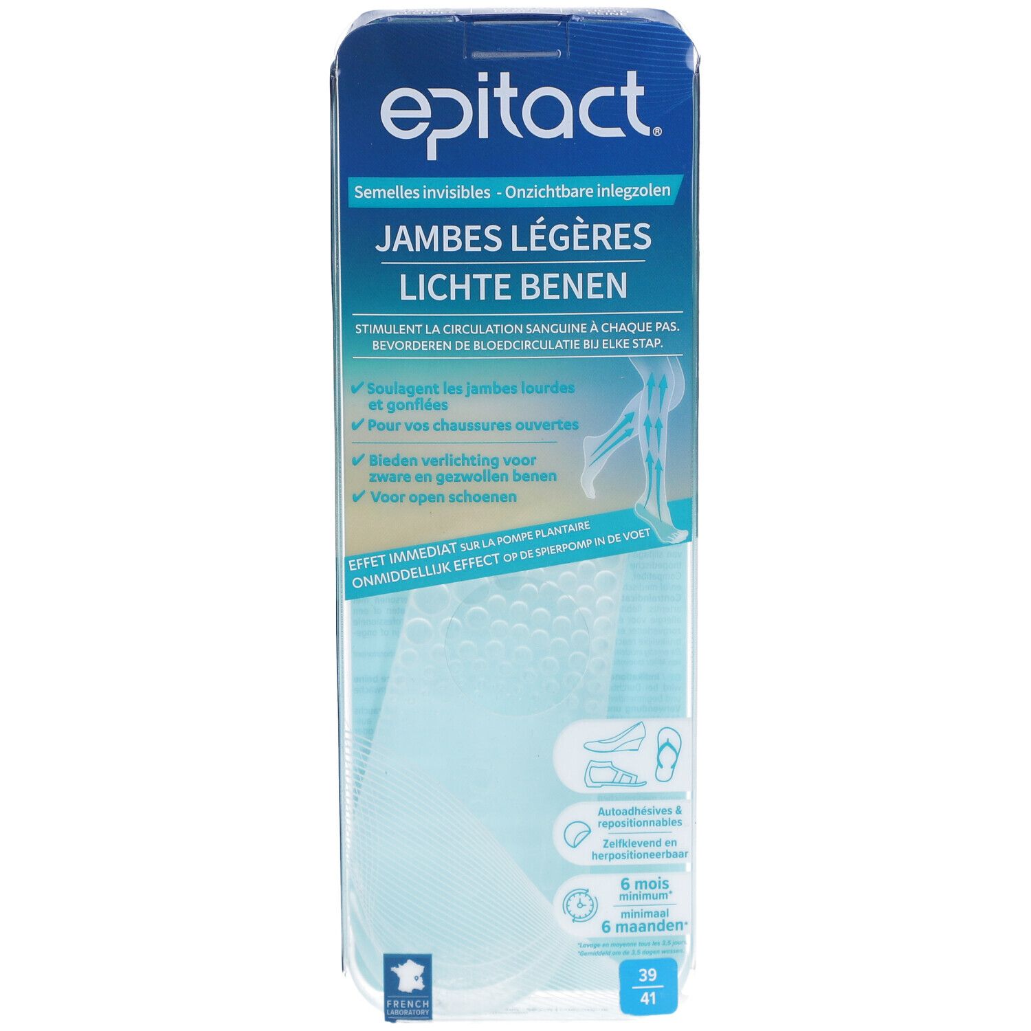 Epitact® Verpackung. Text: Jambes légères, Lichte benen. Größe 39-41. Produktform sichtbar.