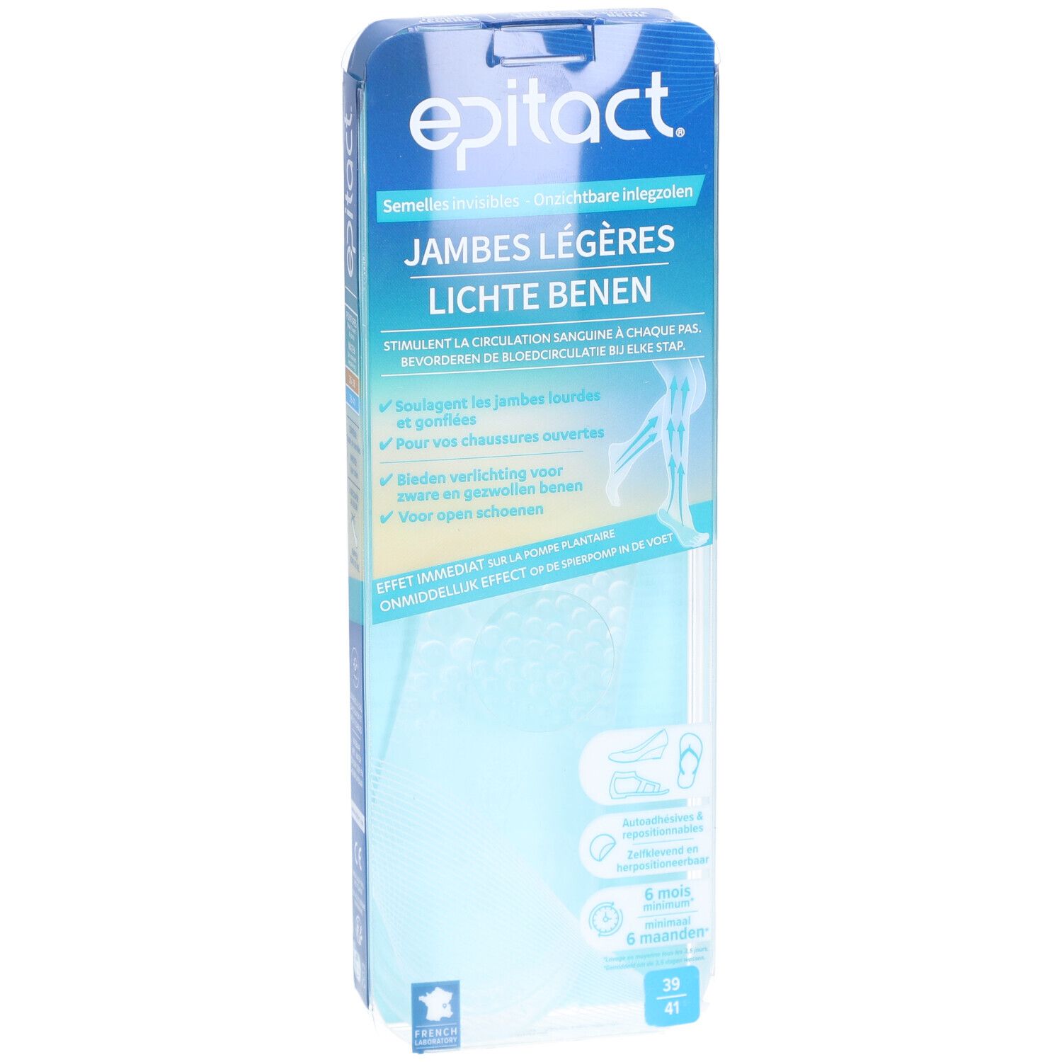 Epitact® Verpackung. Text: Jambes légères, Lichte benen. Größe 39-41. Produktform sichtbar.