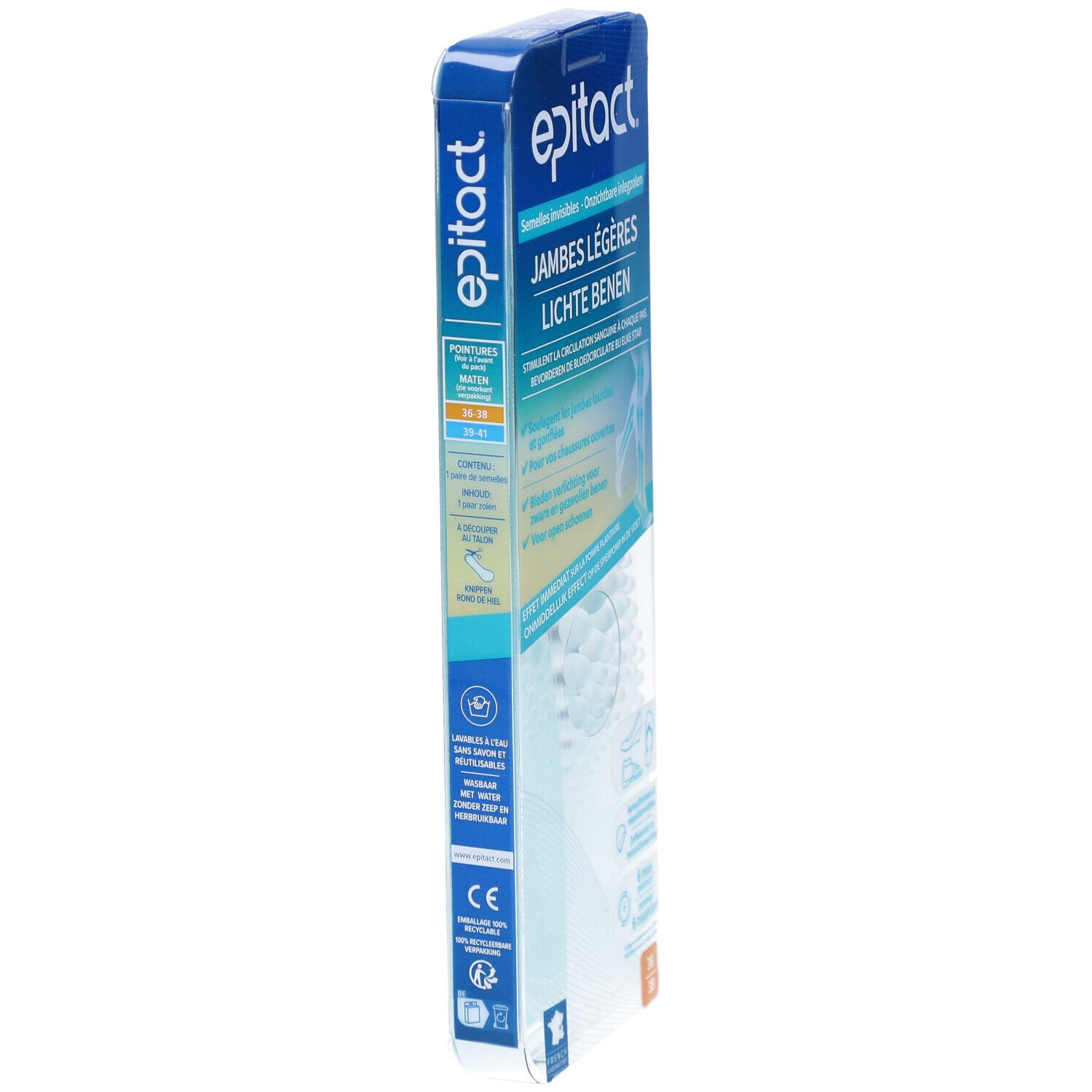 Vue latérale de l'emballage epitact®. Texte: Jambes légères, Lichte benen. Taille 36-38. Emballage bleu et transparent.