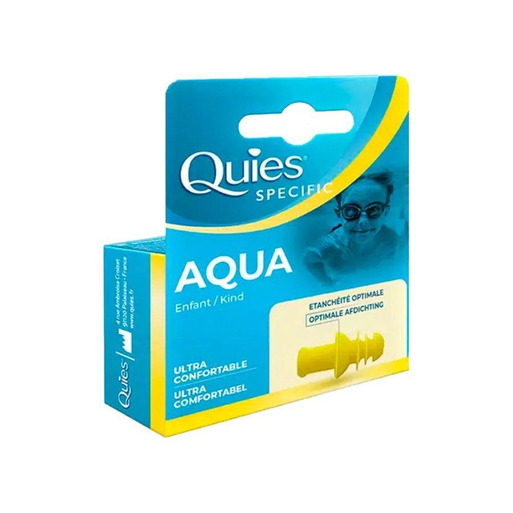 Boîte Quies Specific Aqua pour enfants. Bouchons jaunes représentés. Inscription: Aqua, Enfant/Kind.