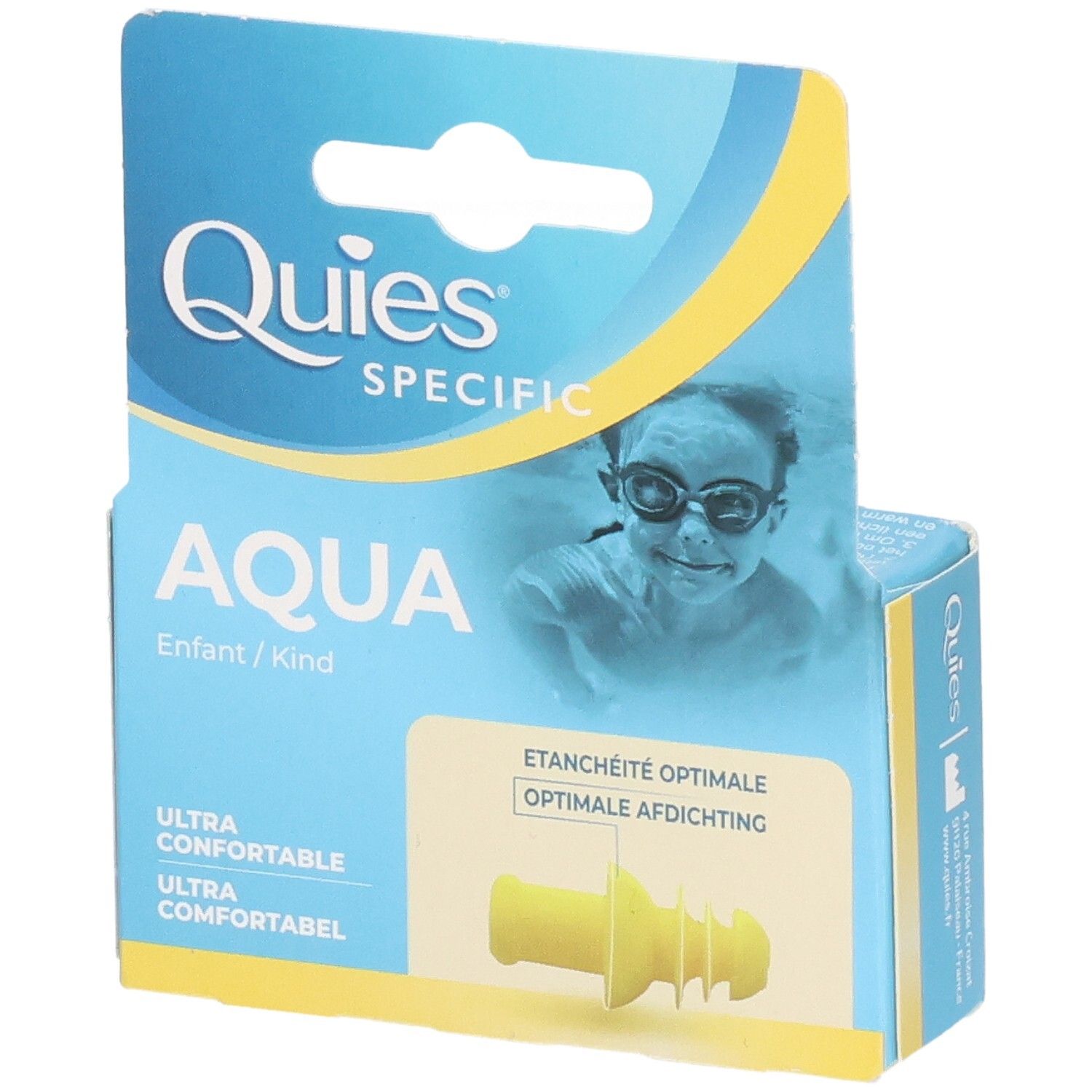 Verpackung mit gelben Ohrstöpseln für Kinder. Aufschrift: Quies Specific Aqua. Abbildung eines Kindes mit Schwimmbrille.