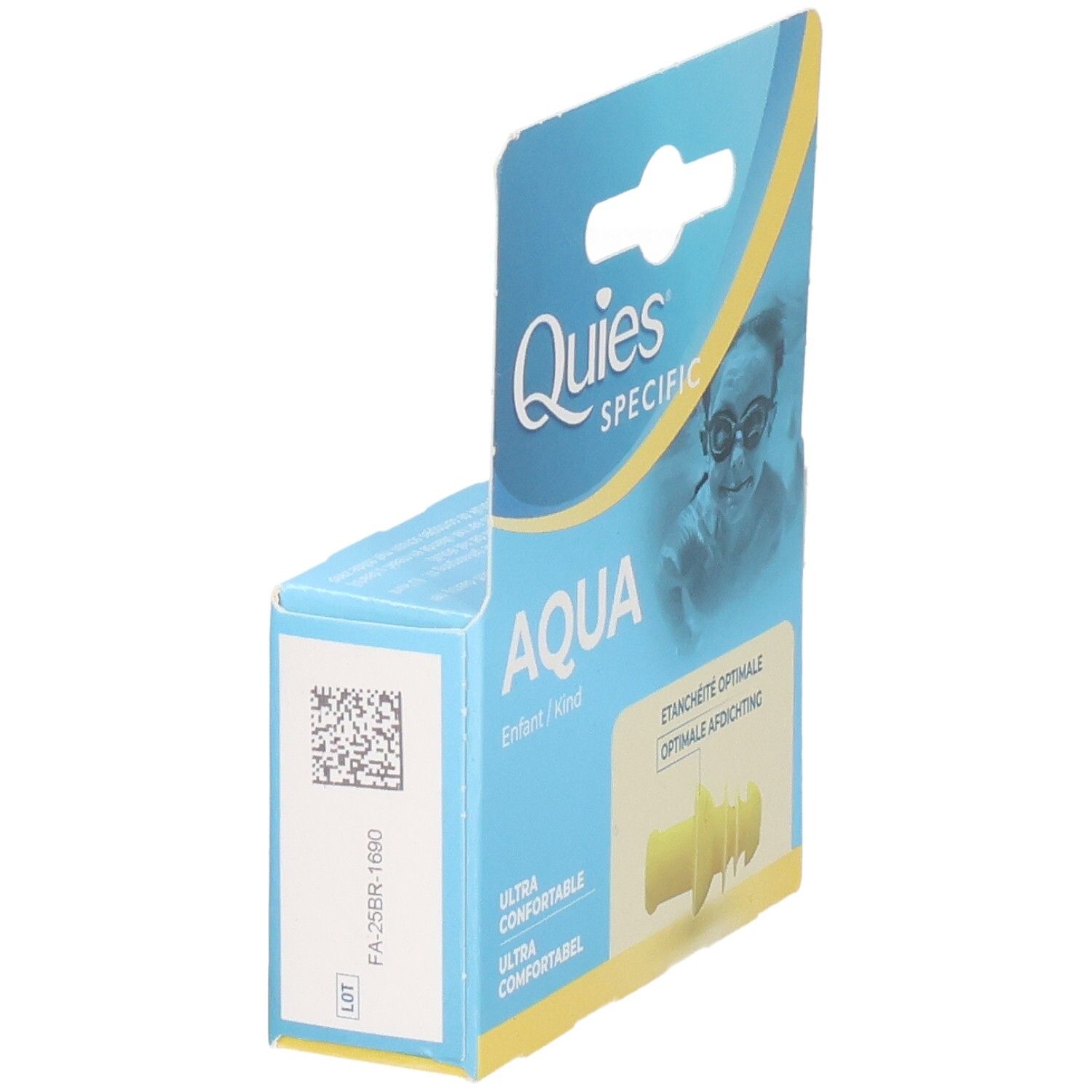 Verpackung Quies Aqua für Kinder, seitliche Ansicht. Gelbe Ohrstöpsel sichtbar. QR-Code und Text auf der Seite.