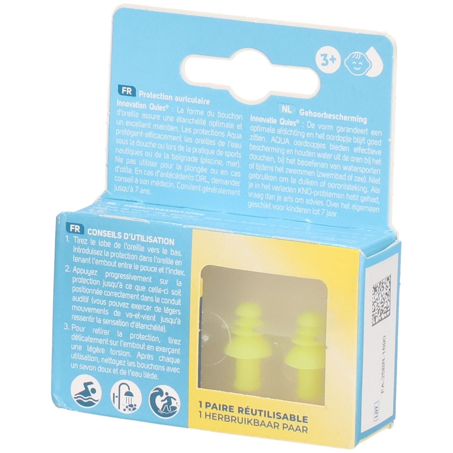 Verpackung Quies Aqua für Kinder, geöffnet. Zwei gelbe Ohrstöpsel sichtbar. Text über Gebrauchsanweisung.