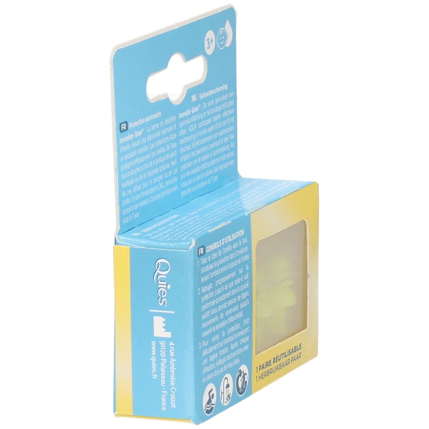 Verpackung Quies Aqua für Kinder, Rückseite. Text über Gebrauchsanweisung und Kontaktinformationen.