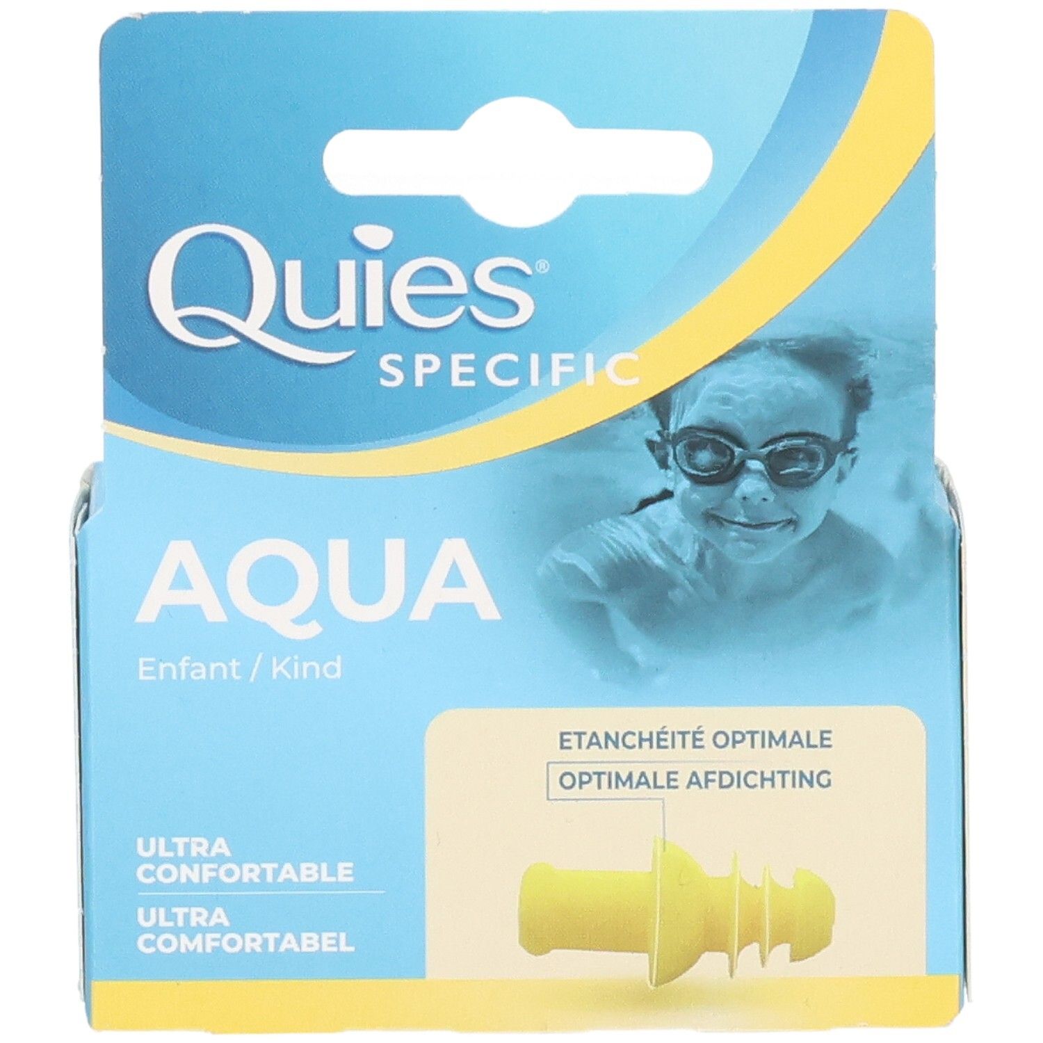 Verpackung Quies Specific Aqua für Kinder. Gelbe Ohrstöpsel abgebildet. Aufschrift: Aqua, Enfant/Kind.