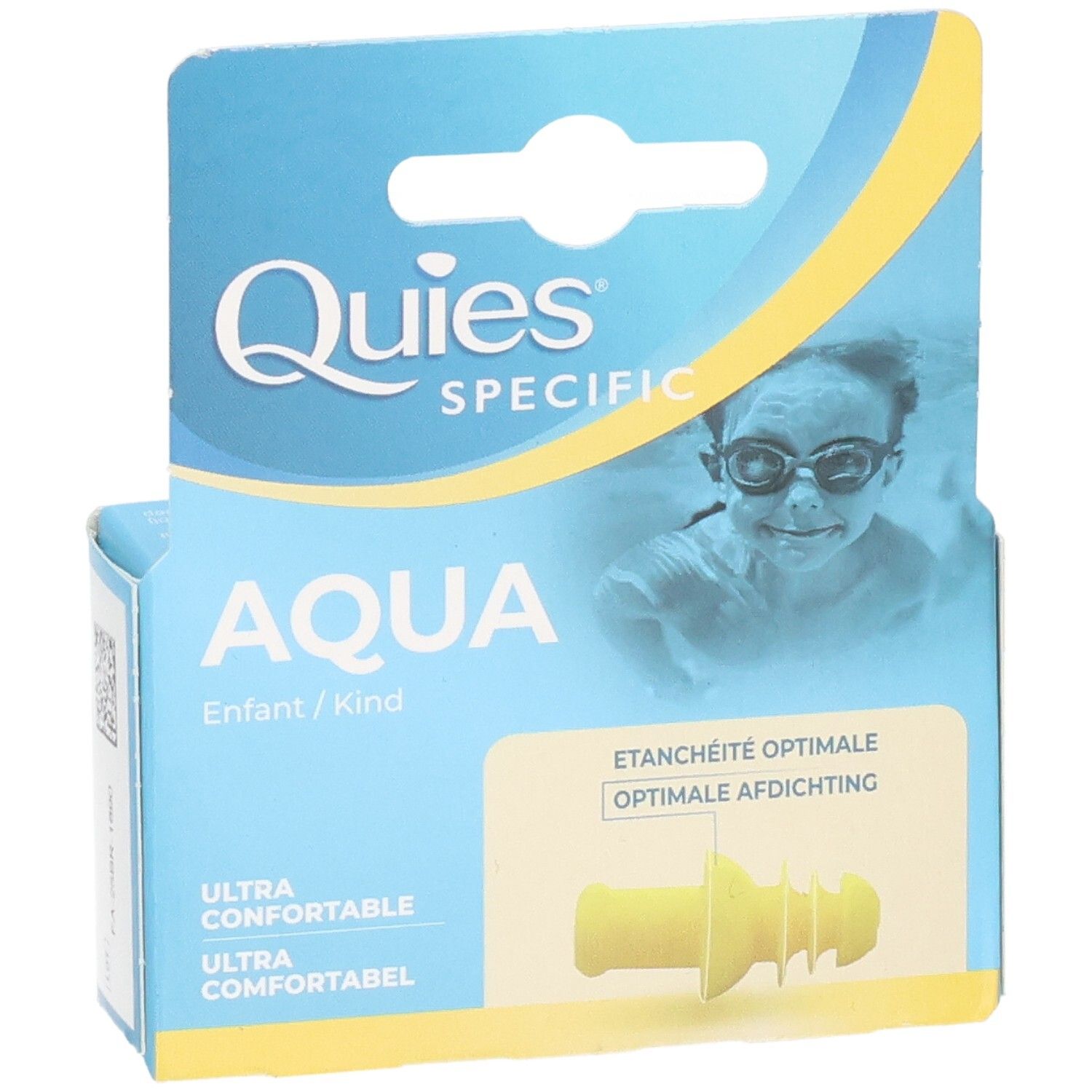 Verpackung Quies Specific Aqua für Kinder. Gelbe Ohrstöpsel abgebildet. Aufschrift: Aqua, Enfant/Kind.