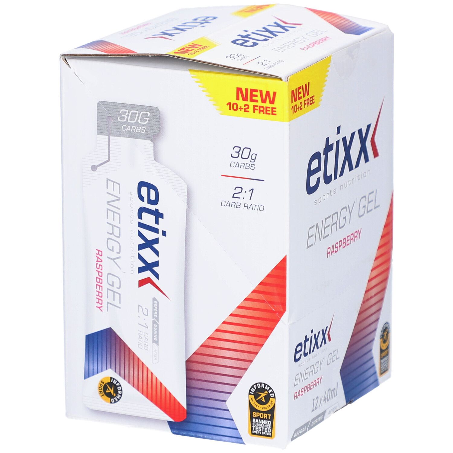 Etixx Energy Gel Framboise. Einzelnes Gel in der Verpackung. 30g Kohlenhydrate. 2:1 Carb Ratio.