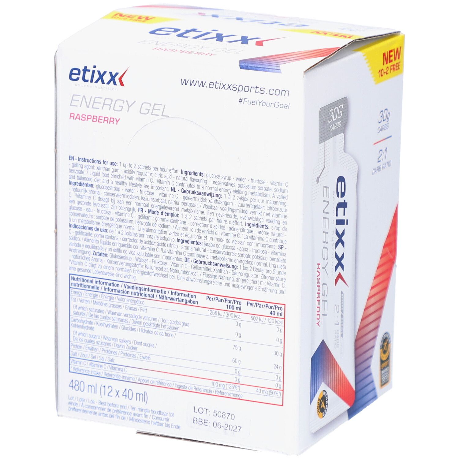 Etixx Energy Gel Framboise. Karton mit 12 Gels. Rückseite mit Nährwertangaben und Inhaltsstoffen.