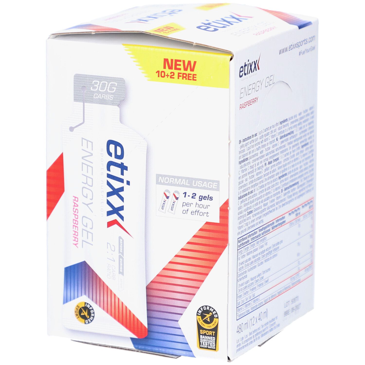 Etixx Energy Gel Framboise. Karton mit 12 Gels. Aufschrift "NORMAL USAGE".