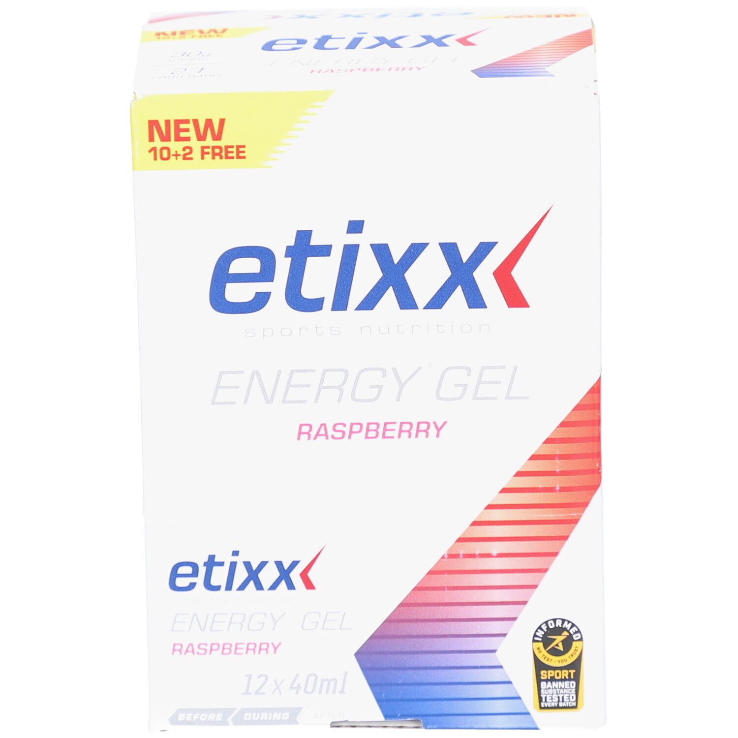 Etixx Energy Gel Framboise. Karton mit 12 Gels. Aufschrift "NEW 10+2 FREE".
