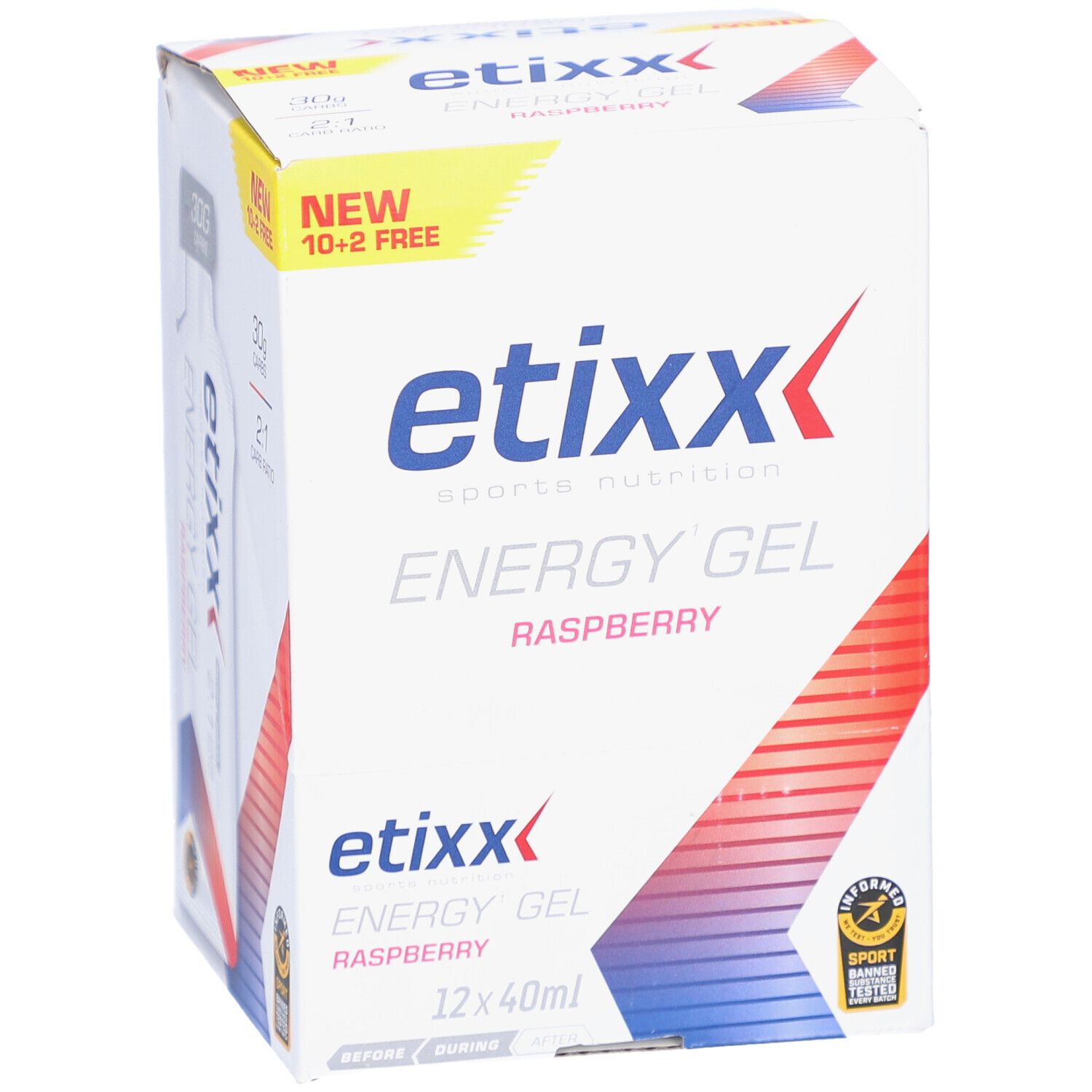 Etixx Energy Gel Framboise. Karton mit 12 Gels. Aufschrift "NEW 10+2 FREE".