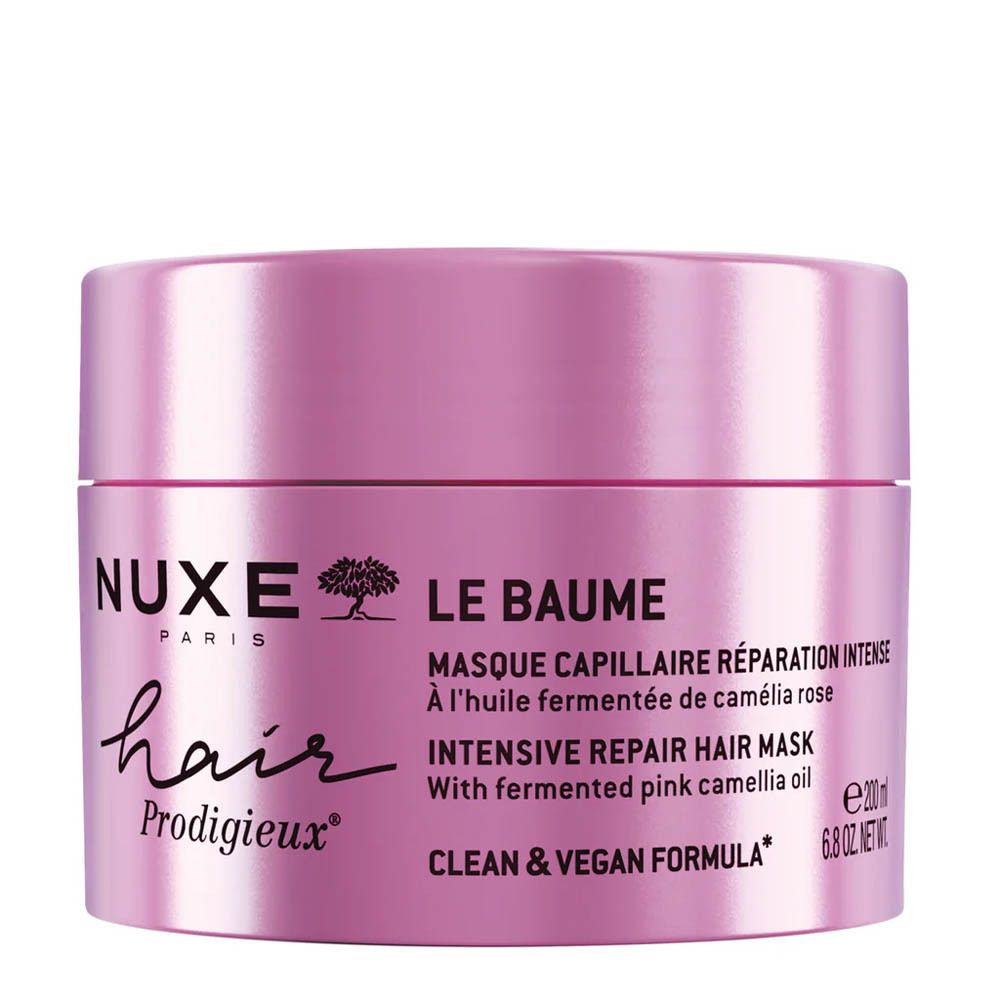 Pot rose avec couvercle. Inscription: Nuxe Paris, Hair Prodigieux. Texte: Le Baume, Masque Capillaire, Intensive Repair Hair Mask, 200 ml.
