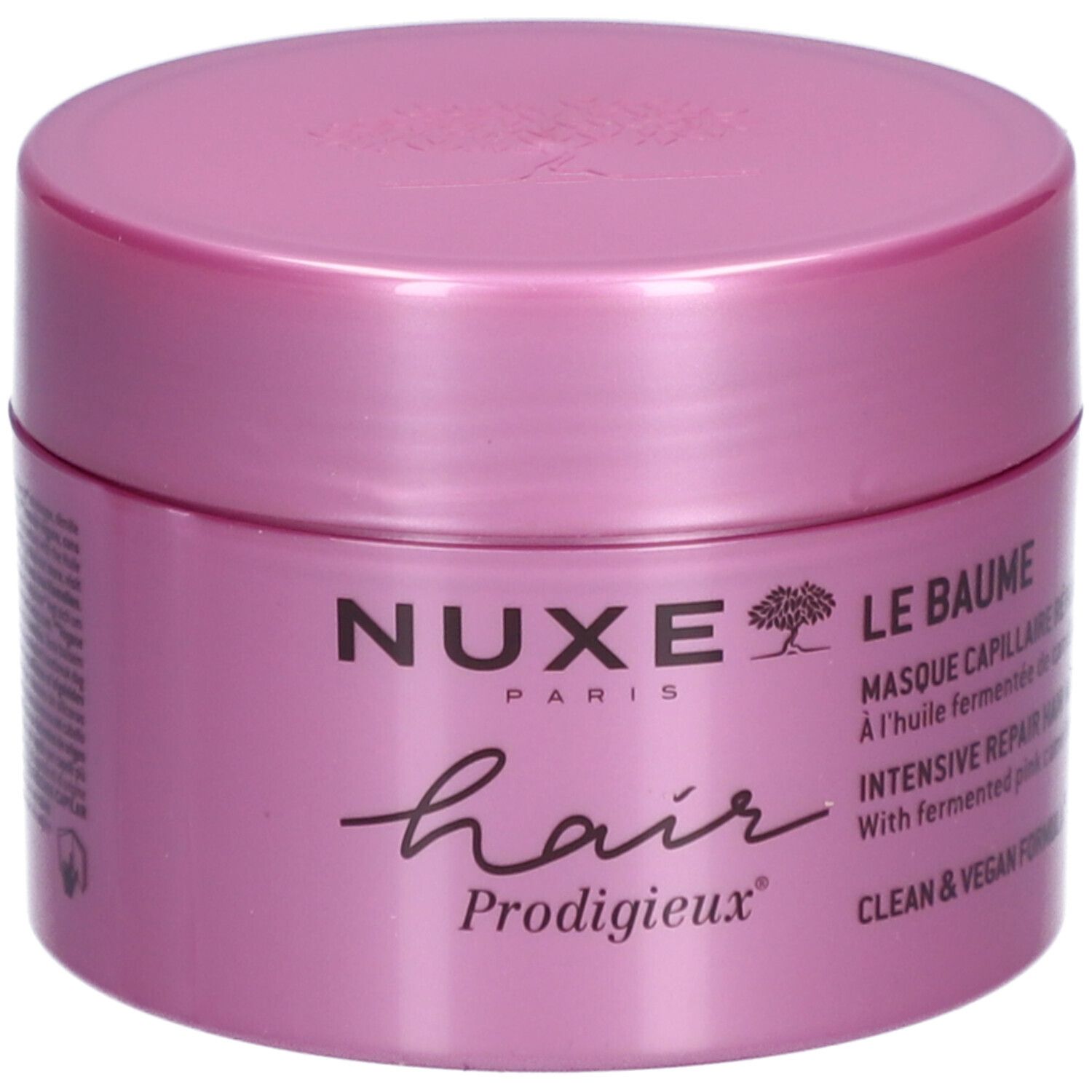 Rosa Tiegel mit Deckel. Aufschrift: Nuxe Paris, Hair Prodigieux. Text: Le Baume, Masque Capillaire, Intensive Repair, Clean & Vegan Formula.