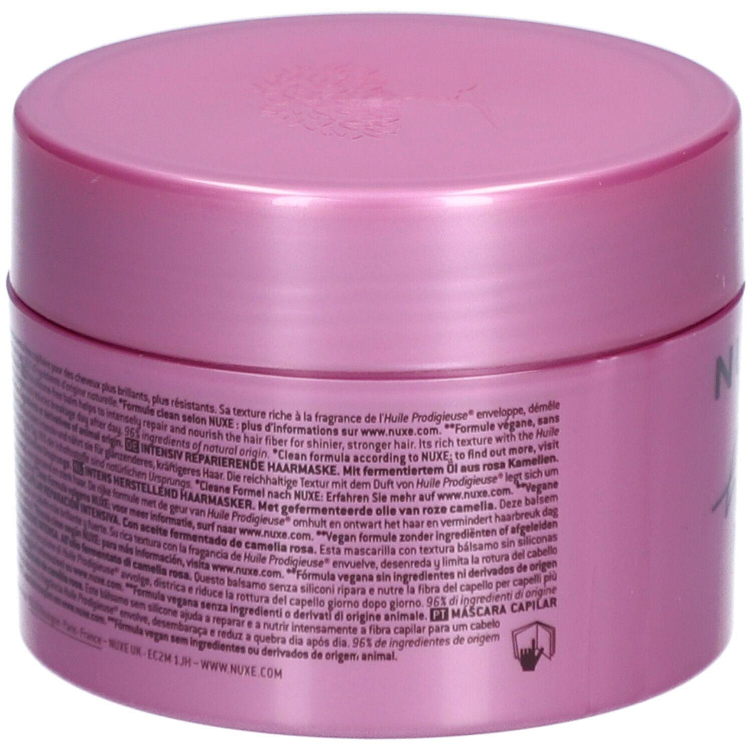 Rückseite eines rosa Tiegels. Text in mehreren Sprachen. Aufschrift: Nuxe, Hair Prodigieux, Intensive Repair Hair Maske.