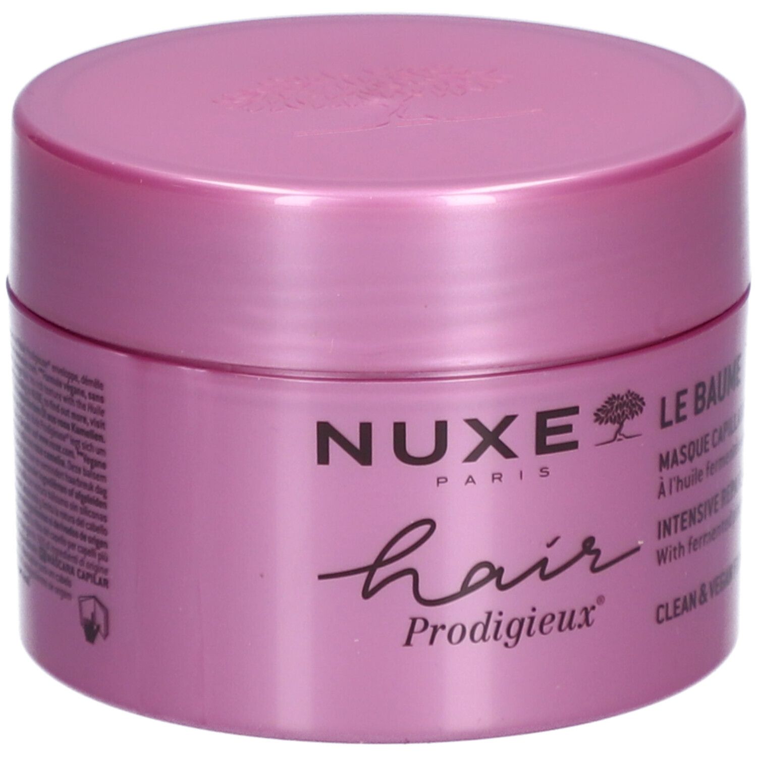 Rosa Tiegel mit Deckel. Aufschrift: Nuxe Paris, Hair Prodigieux. Text: Le Baume, Masque Capillaire, Intensive Repair, Clean & Vegan Formula.