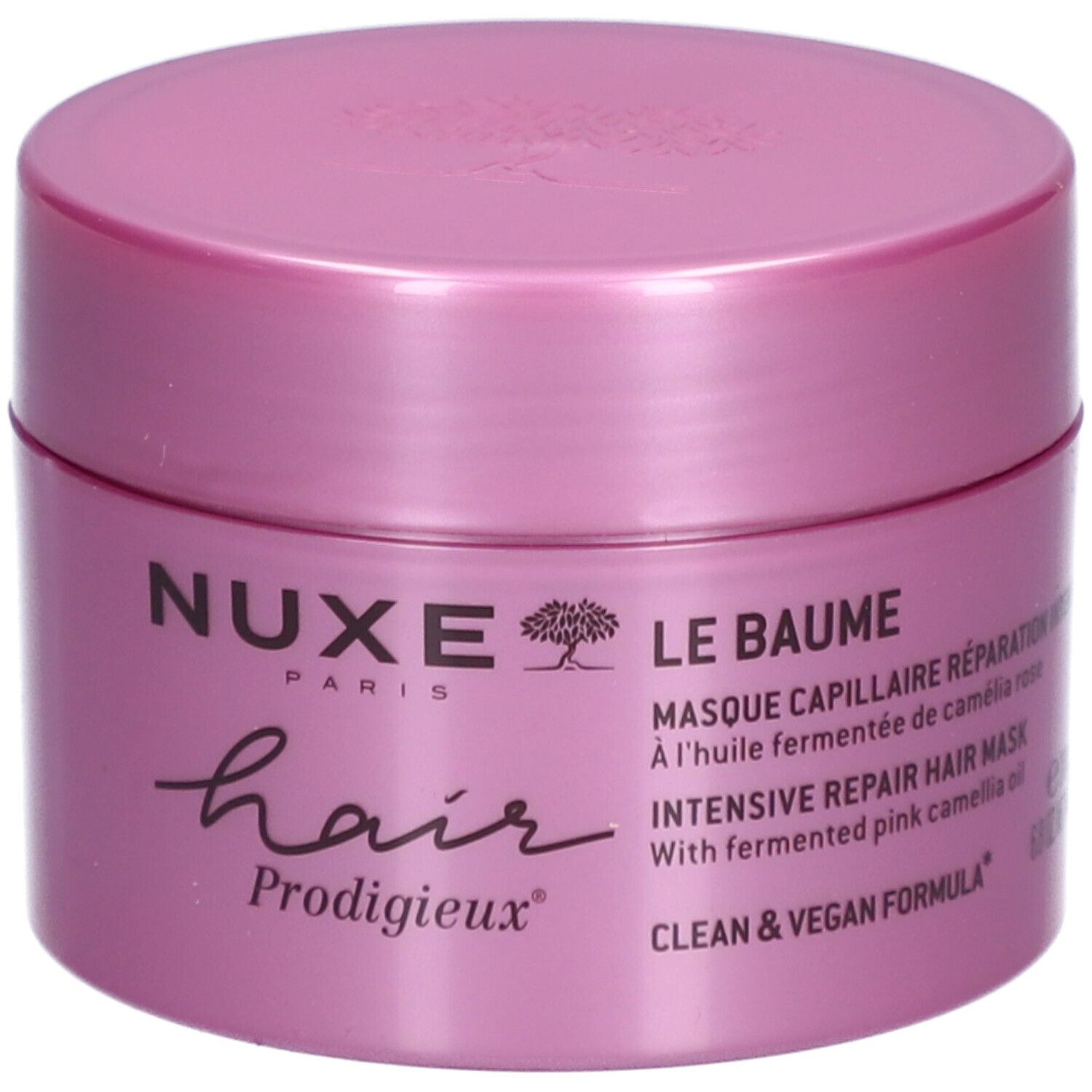 Rosa Tiegel mit Deckel. Aufschrift: Nuxe Paris, Hair Prodigieux. Text: Le Baume, Masque Capillaire, Intensive Repair Hair Mask.