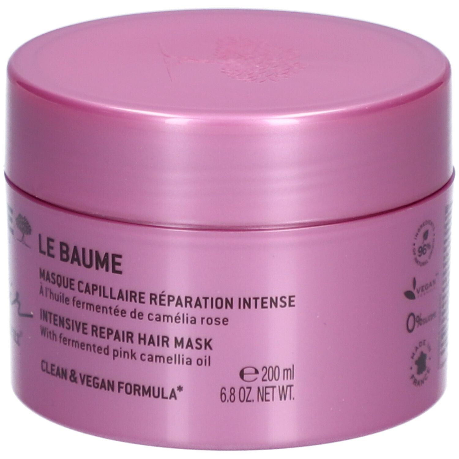 Rosa Tiegel mit Deckel. Aufschrift: Nuxe Paris, Hair Prodigieux. Text: Le Baume, Masque Capillaire, Intensive Repair Hair Mask, 200 ml.