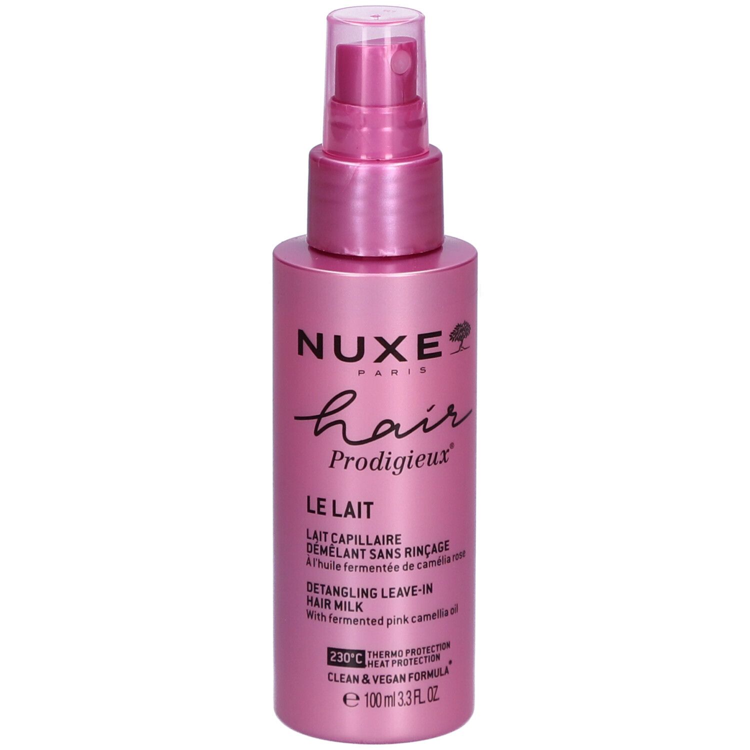 Rosa Flasche mit Sprühkopf. Aufschrift: Nuxe Hair Prodigieux, Le Lait, Detangling Leave-in Hair Milk.