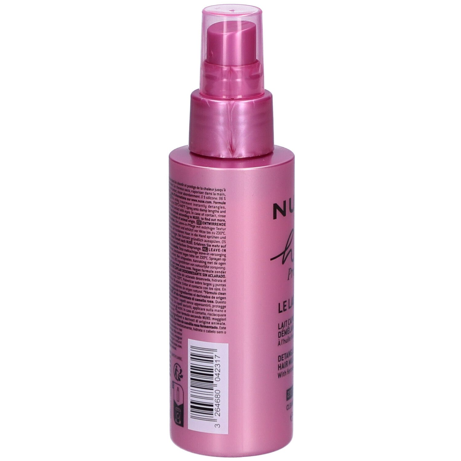 Rosa Flasche mit Sprühkopf. Rückseite mit Text. Produkt: Nuxe Hair Prodigieux, Le Lait, Detangling Leave-in Hair Milk.