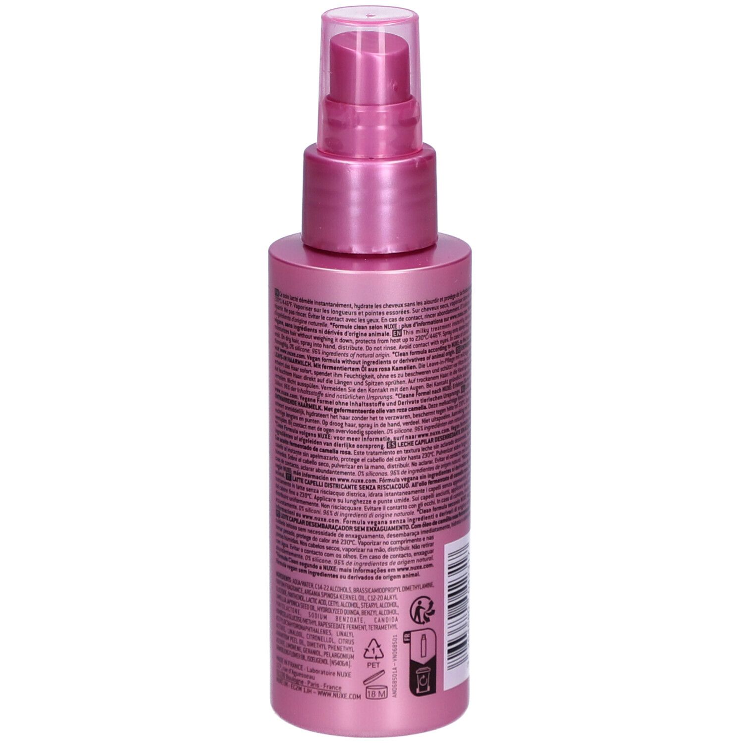 Rosa Flasche mit Sprühkopf. Rückseite mit Text. Produkt: Nuxe Hair Prodigieux, Le Lait, Detangling Leave-in Hair Milk.