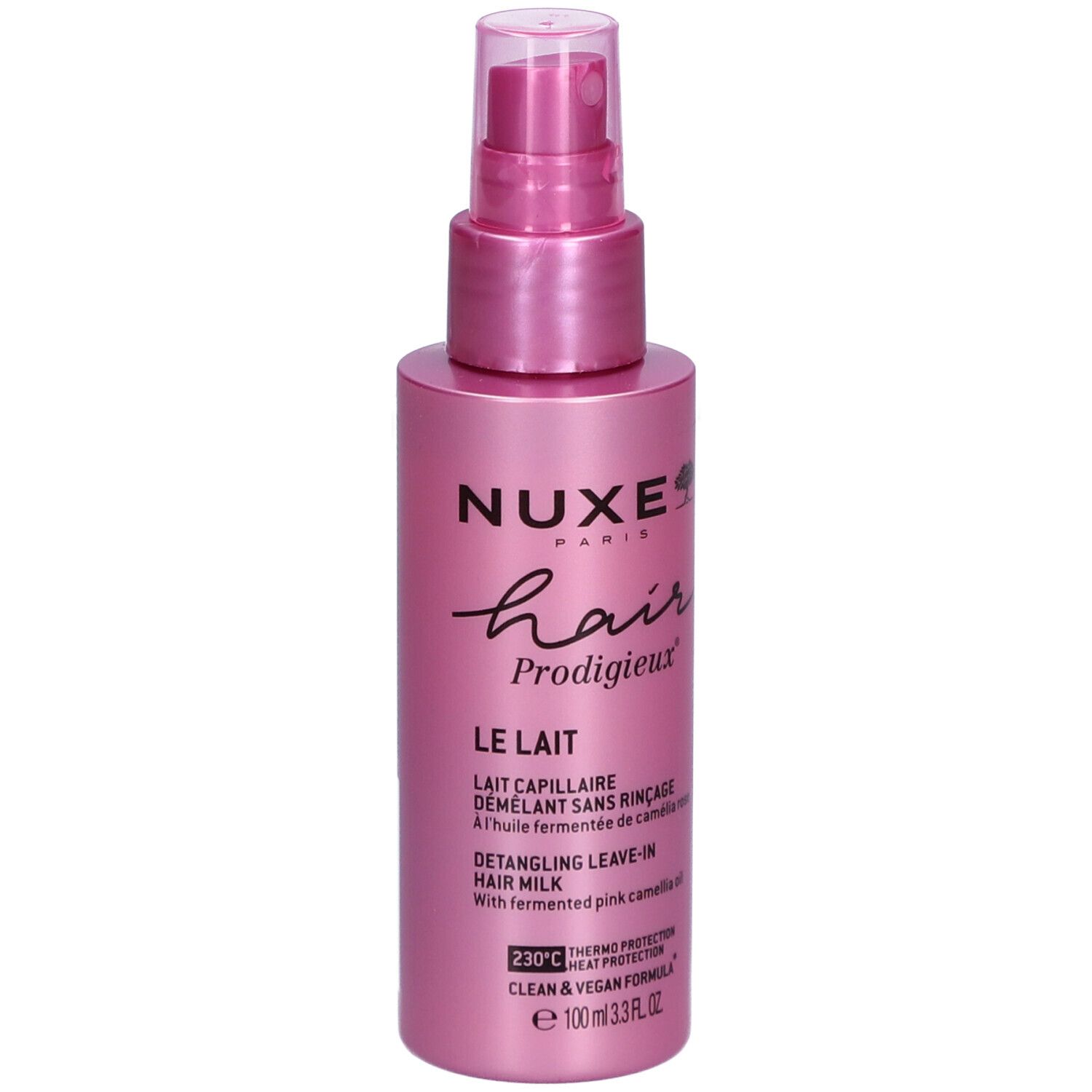 Rosa Flasche mit Sprühkopf. Aufschrift: Nuxe Hair Prodigieux, Le Lait, Detangling Leave-in Hair Milk.