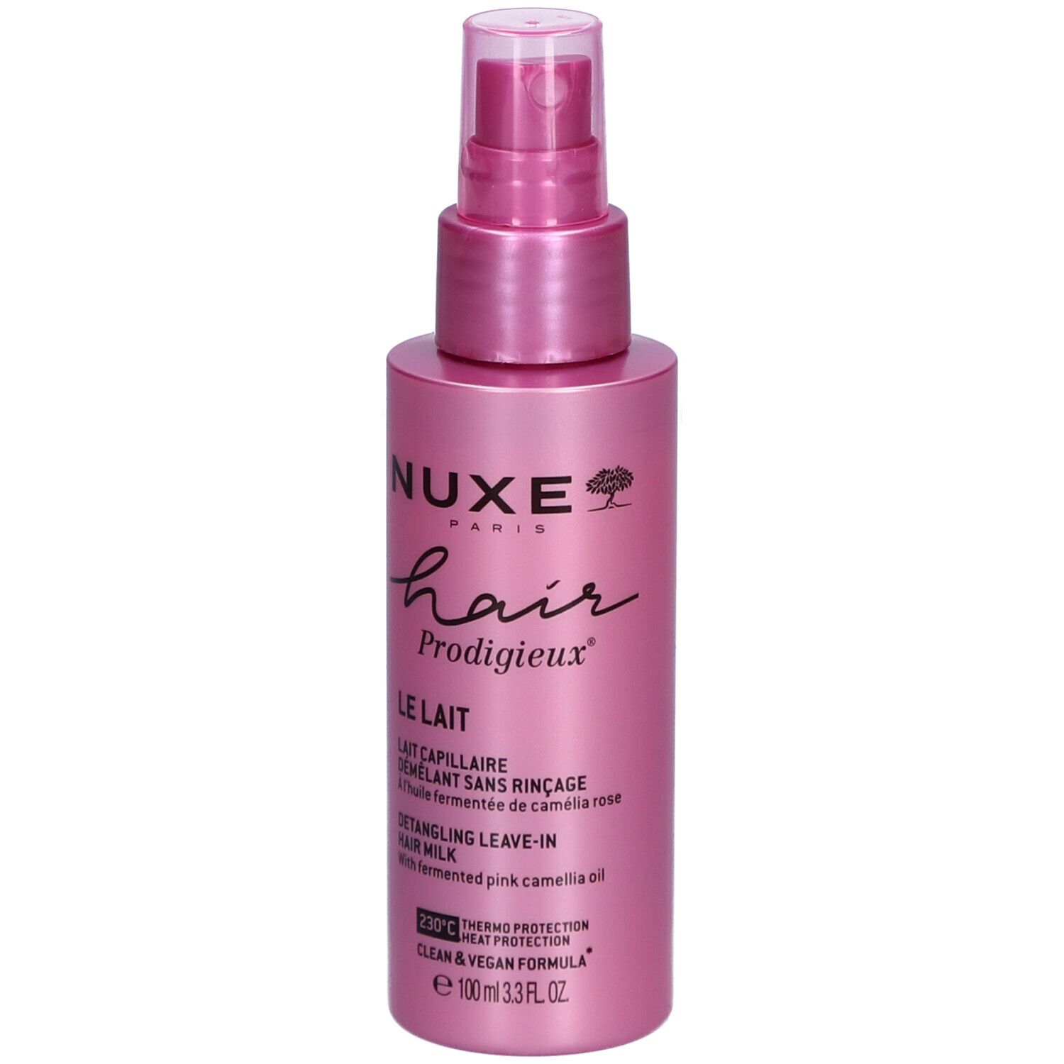Rosa Flasche mit Sprühkopf. Aufschrift: Nuxe Hair Prodigieux, Le Lait, Detangling Leave-in Hair Milk.