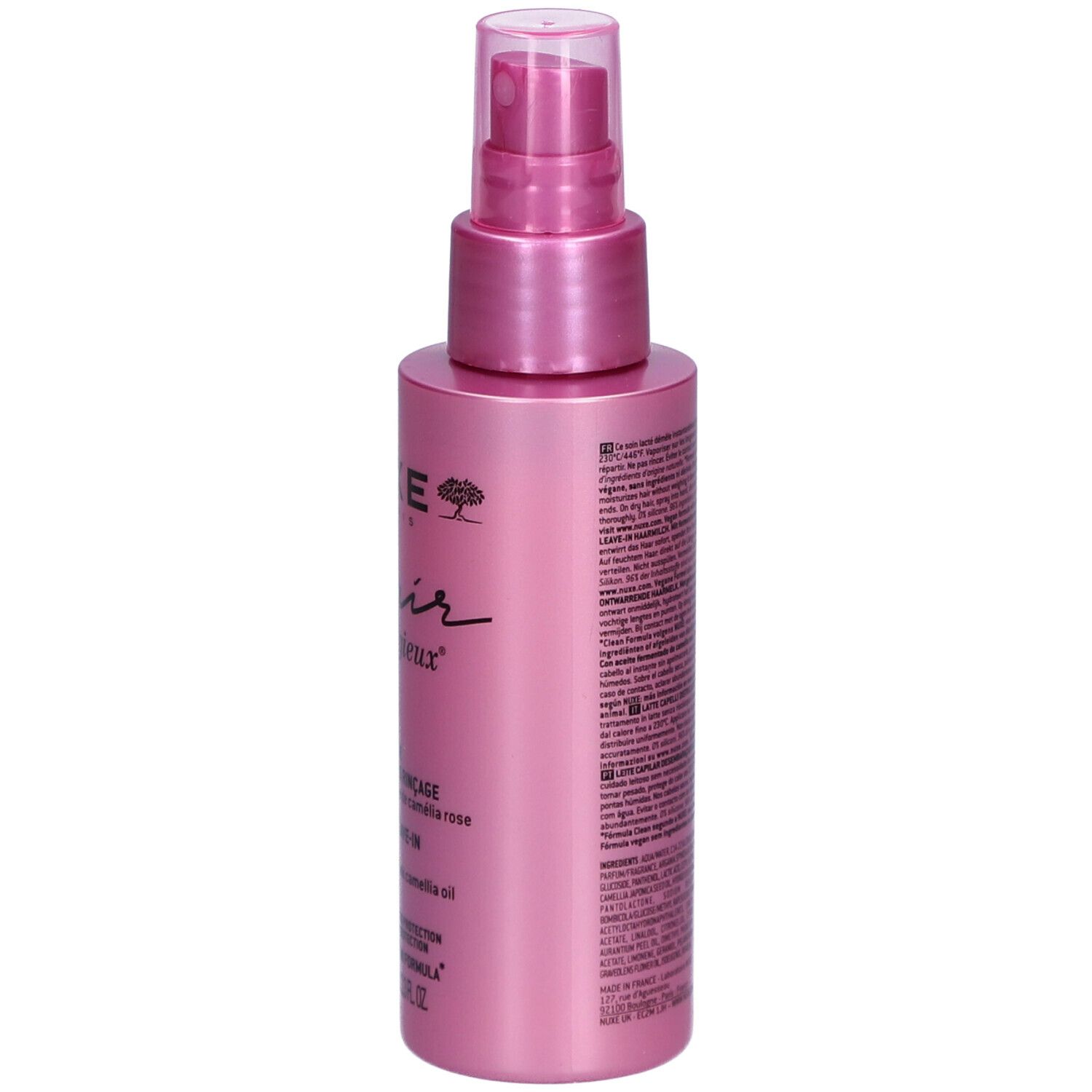 Rosa Flasche mit Sprühkopf. Rückseite mit Text. Produkt: Nuxe Hair Prodigieux, Le Lait, Detangling Leave-in Hair Milk.