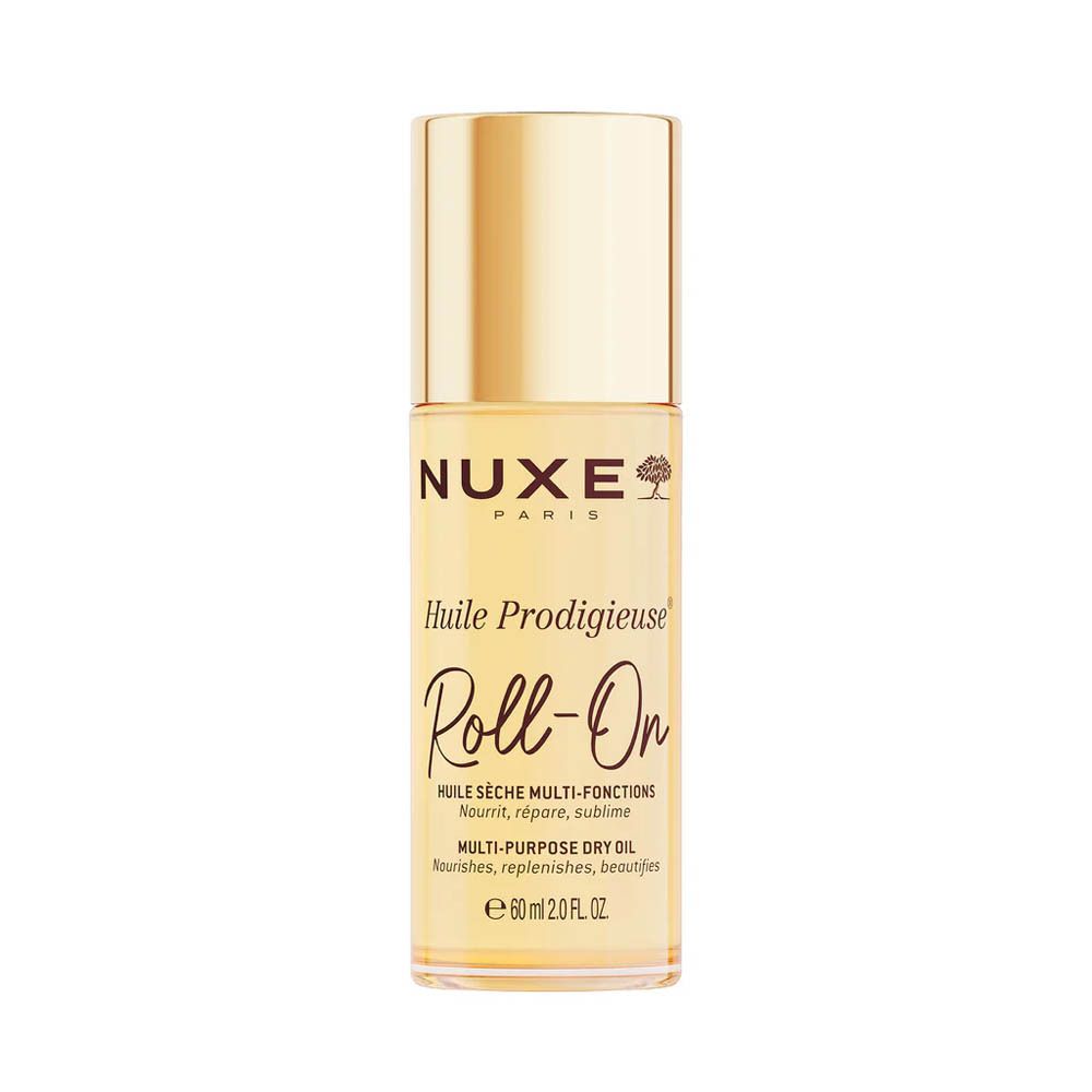 Nuxe Huile Prodigieuse Roll-On. Bouchon doré, flacon transparent. Inscriptions: Nuxe Paris, Huile Prodigieuse, Roll-On.