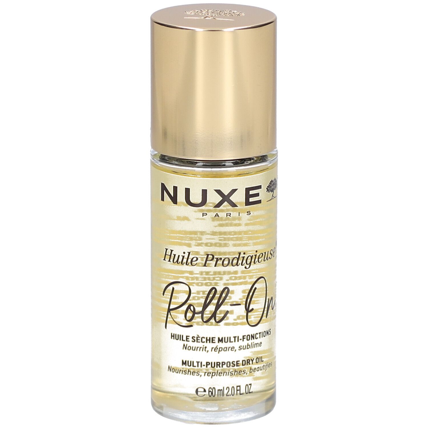 Nuxe Huile Prodigieuse Roll-On. Goldener Deckel, transparente Flasche. Beschriftung: Nuxe Paris, Huile Prodigieuse, Roll-On.