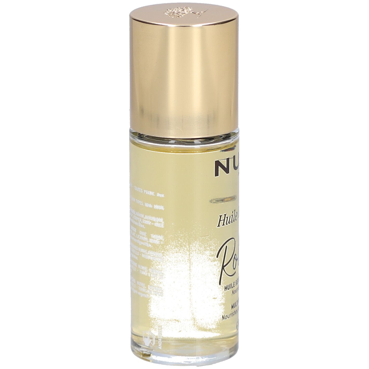 Nuxe Huile Prodigieuse Roll-On. Goldener Deckel, transparente Flasche. Beschriftung: Nuxe Paris, Huile Prodigieuse, Roll-On.