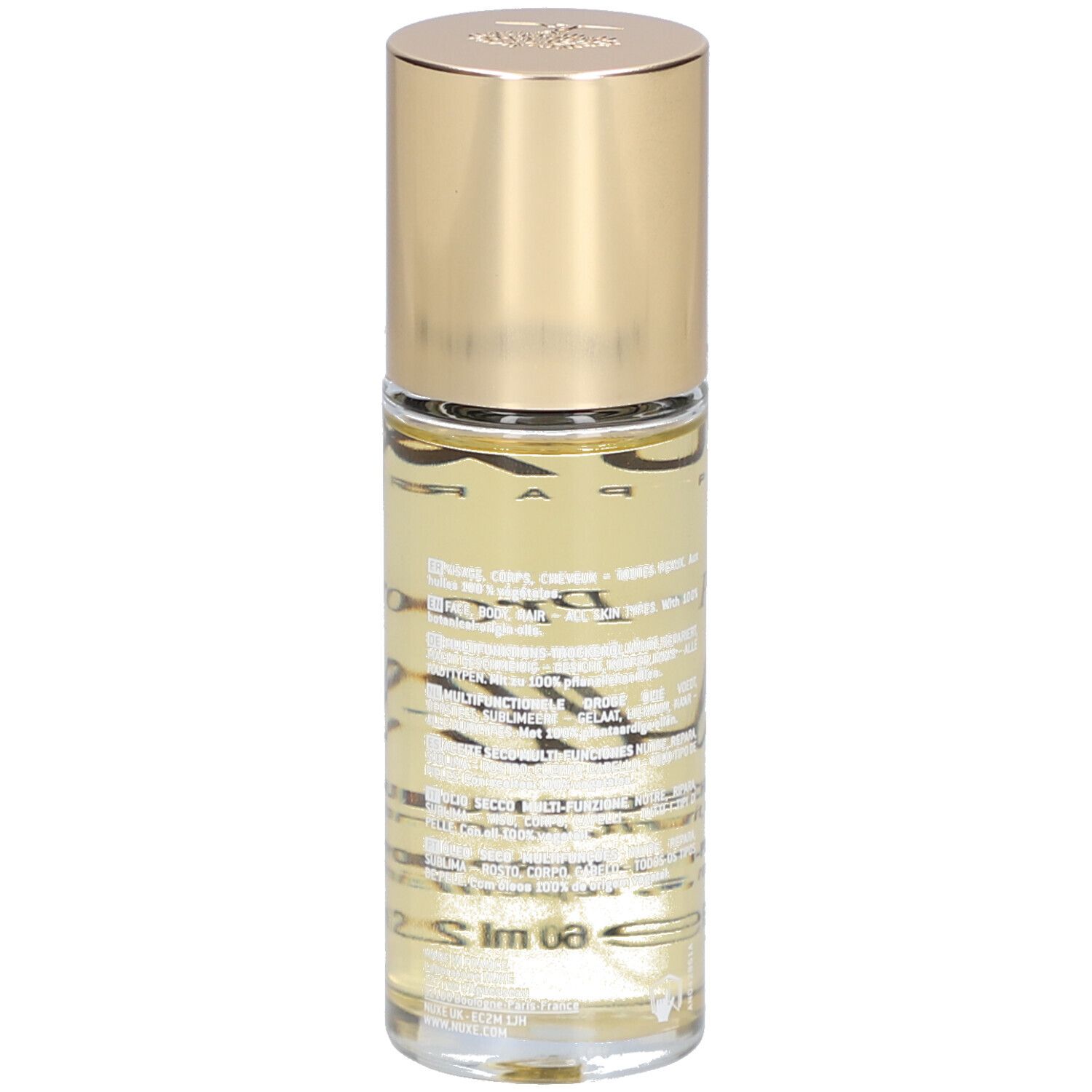 Nuxe Huile Prodigieuse Roll-On. Goldener Deckel, transparente Flasche. Beschriftung: Nuxe Paris, Huile Prodigieuse, Roll-On.