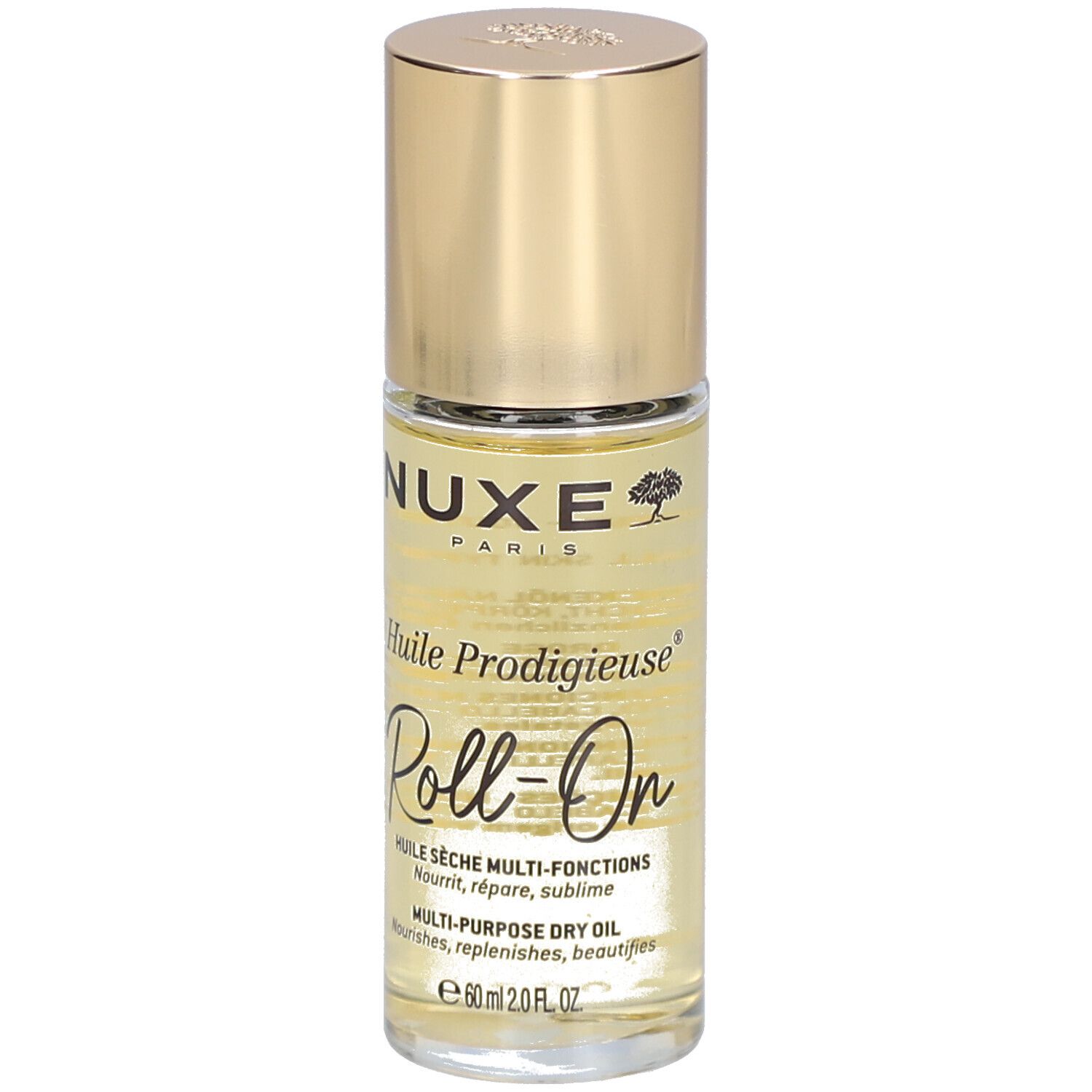 Nuxe Huile Prodigieuse Roll-On. Goldener Deckel, transparente Flasche. Beschriftung: Nuxe Paris, Huile Prodigieuse, Roll-On.