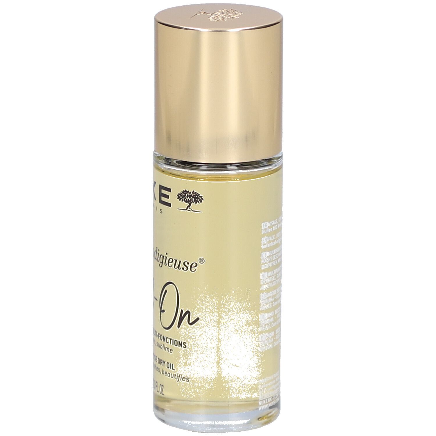 Nuxe Huile Prodigieuse Roll-On. Goldener Deckel, transparente Flasche. Beschriftung: Nuxe Paris, Huile Prodigieuse, Roll-On.