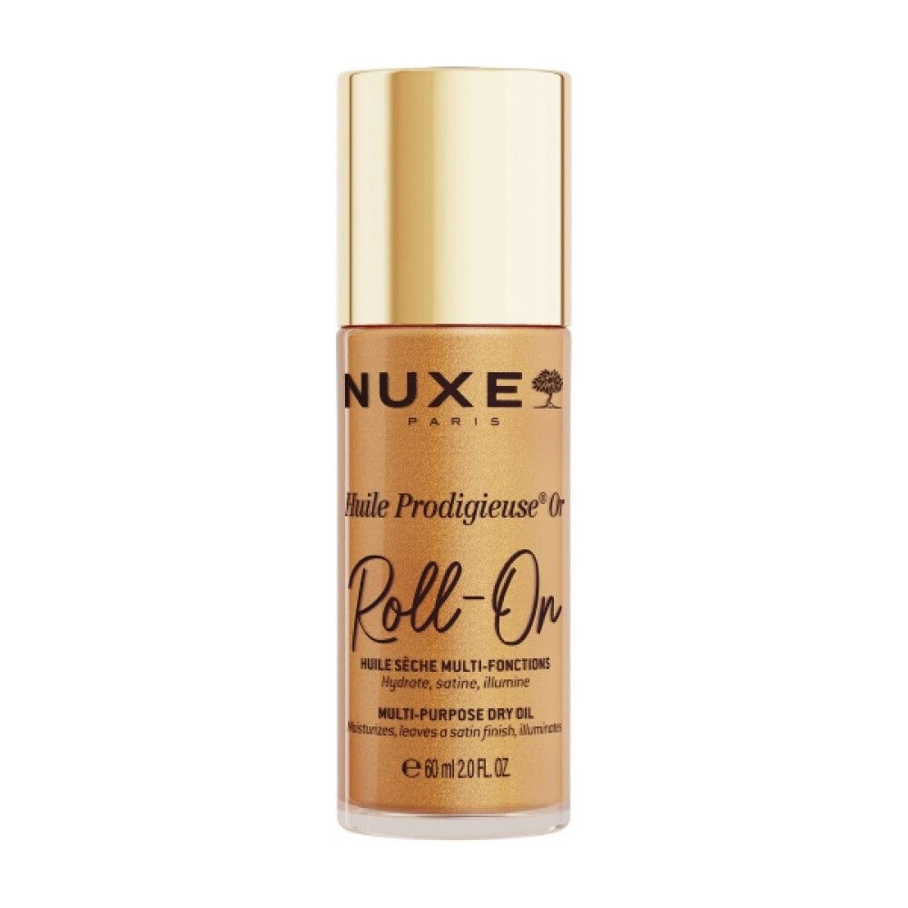 Flacon roll-on doré. Inscription : NUXE Paris, Huile Prodigieuse Or Roll-On. Huile sèche, 60 ml.
