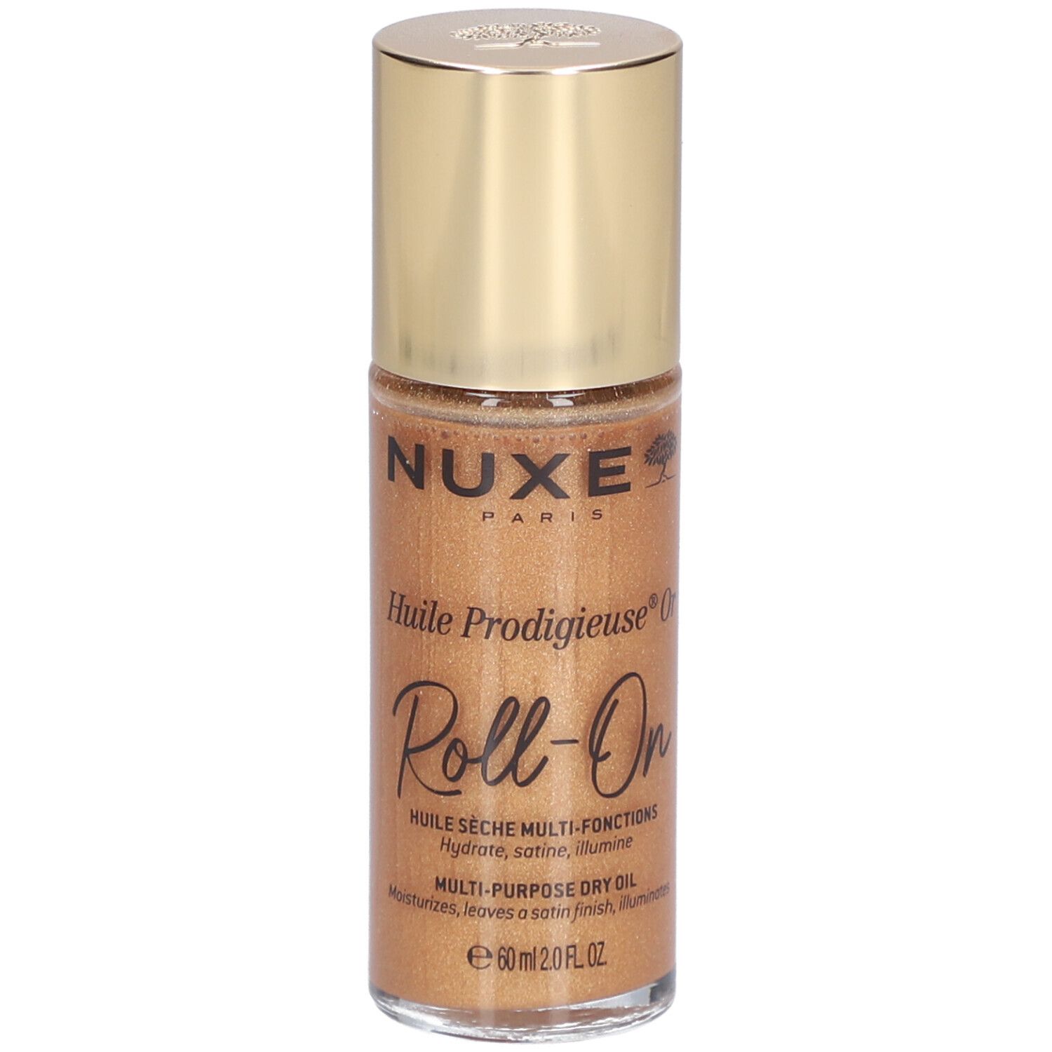 Goldfarbene Roll-On-Flasche. Aufschrift: NUXE Paris, Huile Prodigieuse Roll-On. Trockenöl, 60 ml.