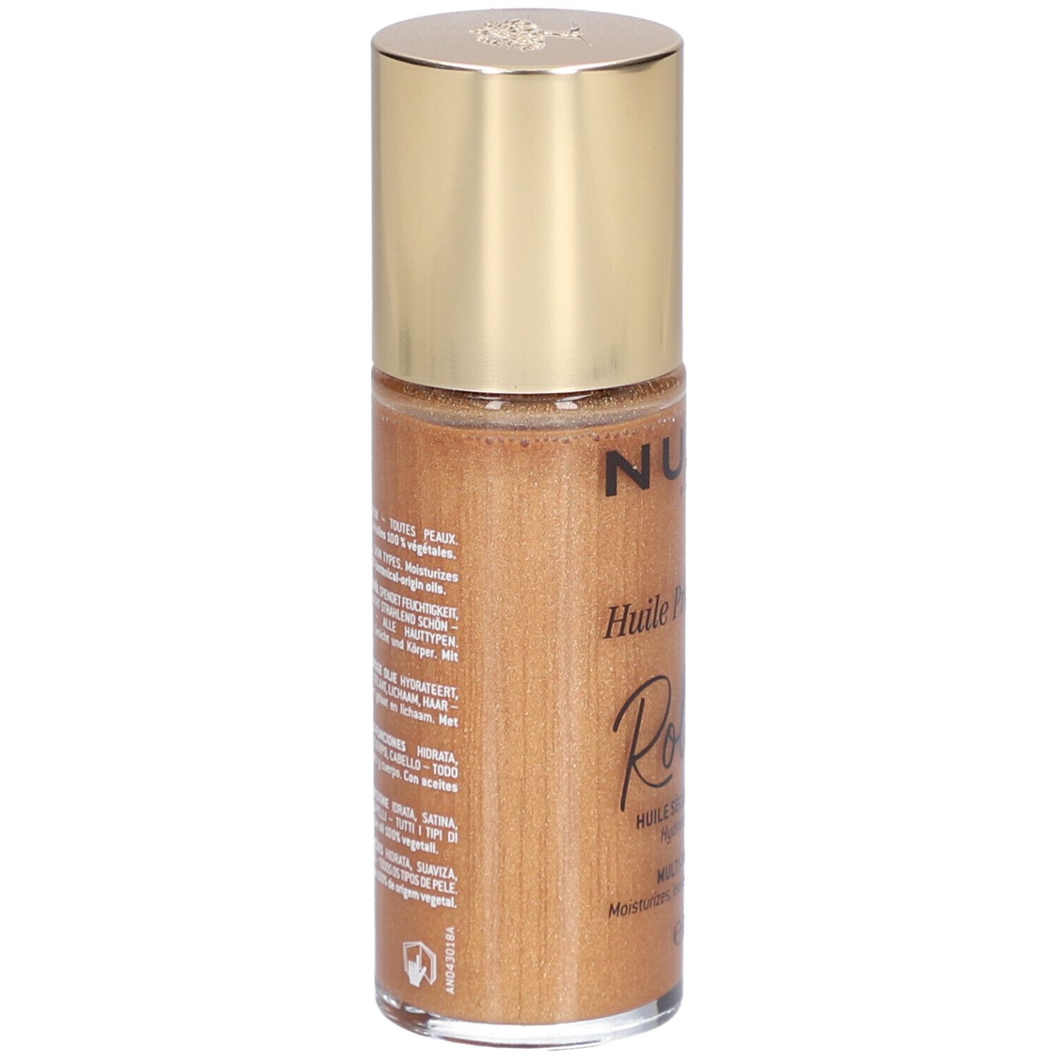 Goldfarbene Roll-On-Flasche. Rückseite mit Text. Aufschrift: NUXE Paris, Huile Prodigieuse Roll-On. 60 ml.