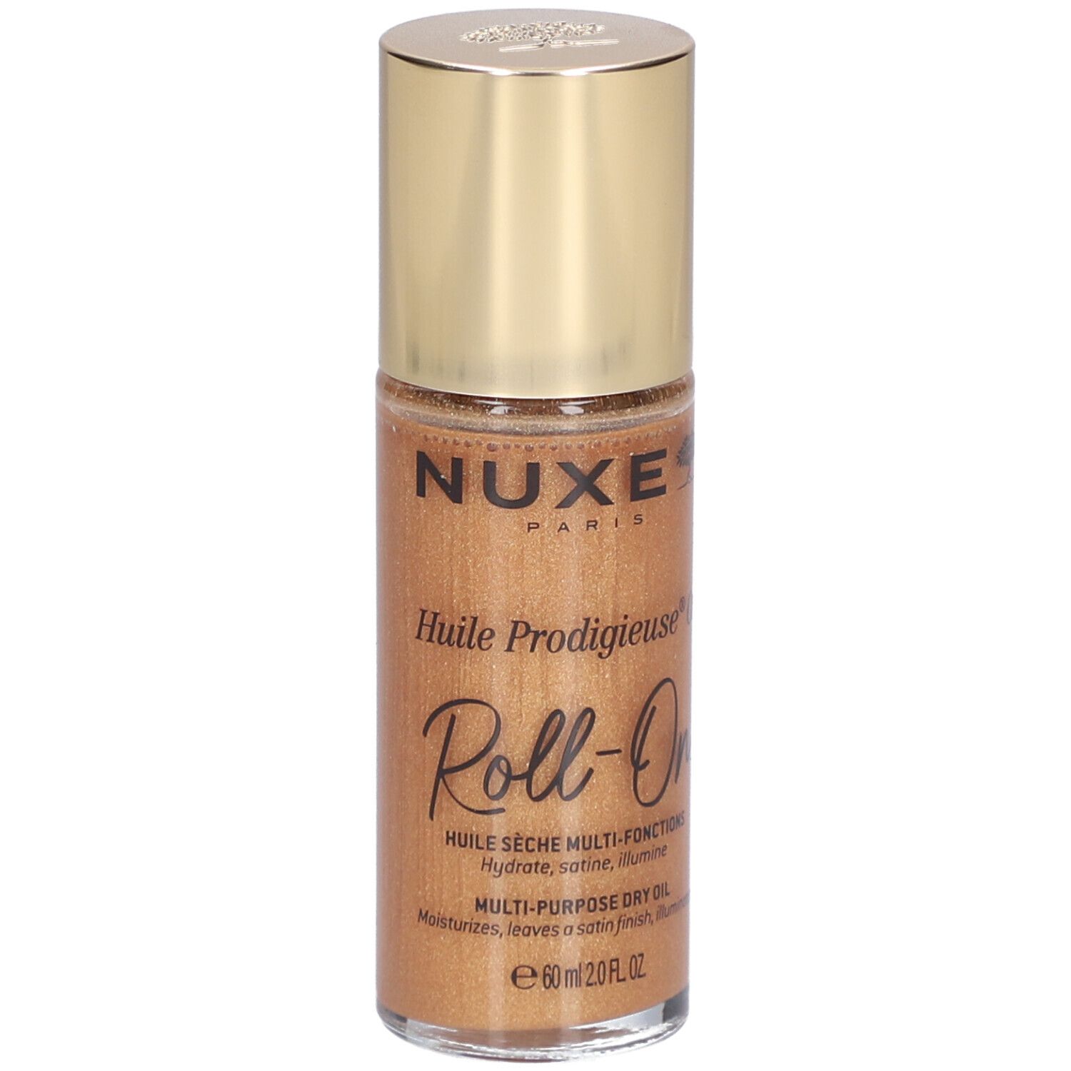 Goldfarbene Roll-On-Flasche. Aufschrift: NUXE Paris, Huile Prodigieuse Roll-On. Trockenöl, 60 ml.
