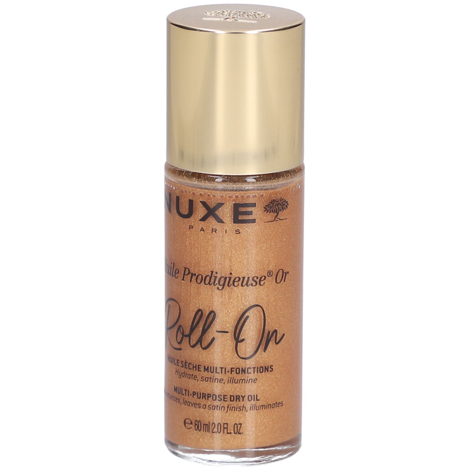 Goldfarbene Roll-On-Flasche. Aufschrift: NUXE Paris, Huile Prodigieuse Or Roll-On. Trockenöl, 60 ml.