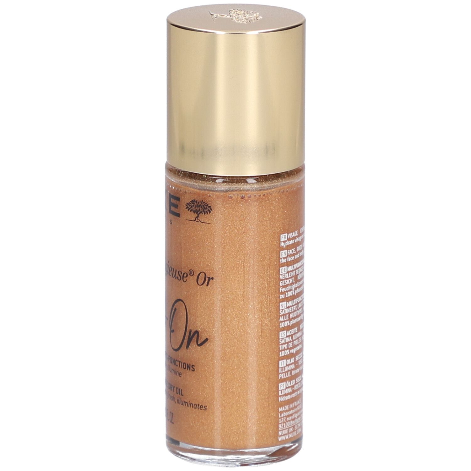 Goldfarbene Roll-On-Flasche. Rückseite mit Text. Aufschrift: NUXE Paris, Huile Prodigieuse Or Roll-On. 60 ml.