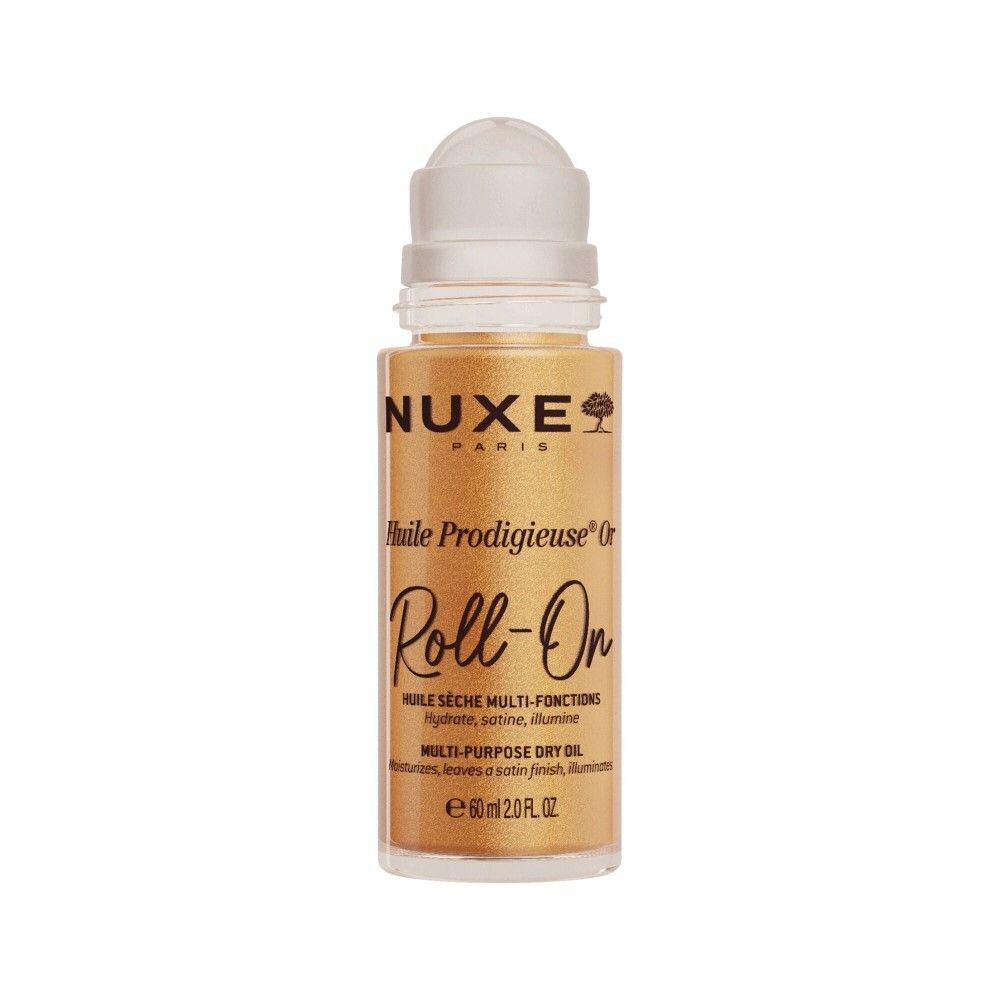 Flacon roll-on doré avec applicateur blanc. Inscription : NUXE Paris, Huile Prodigieuse Or Roll-On. 60 ml.