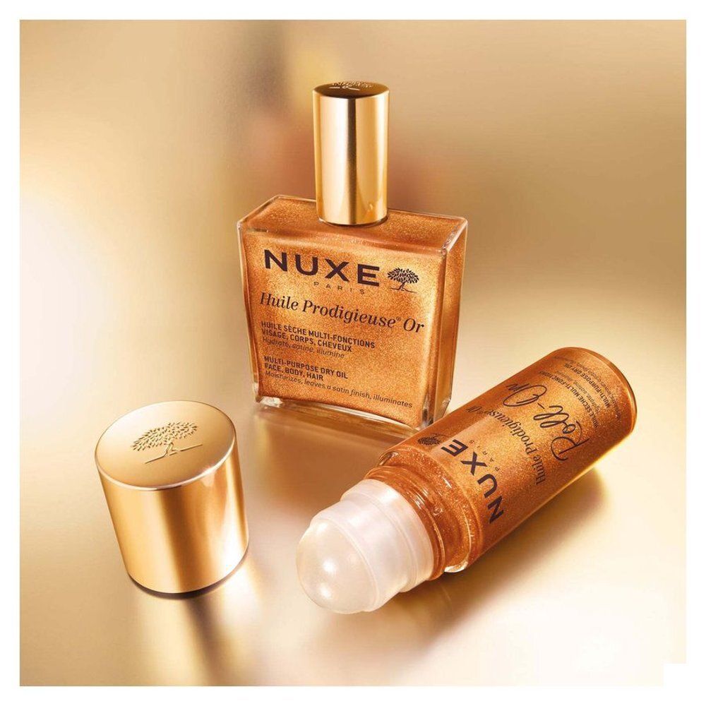 Nuxe Huile Prodigieuse Or Roll-On, verso avec détails multilingues.