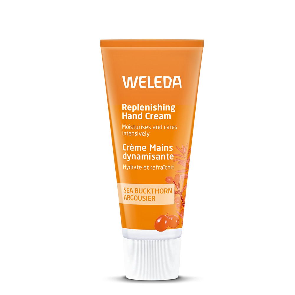 Tube de crème pour les mains Weleda orange. Texte: Replenishing Hand Cream, Crème Mains dynamisante, Sea Buckthorn Argousier.
