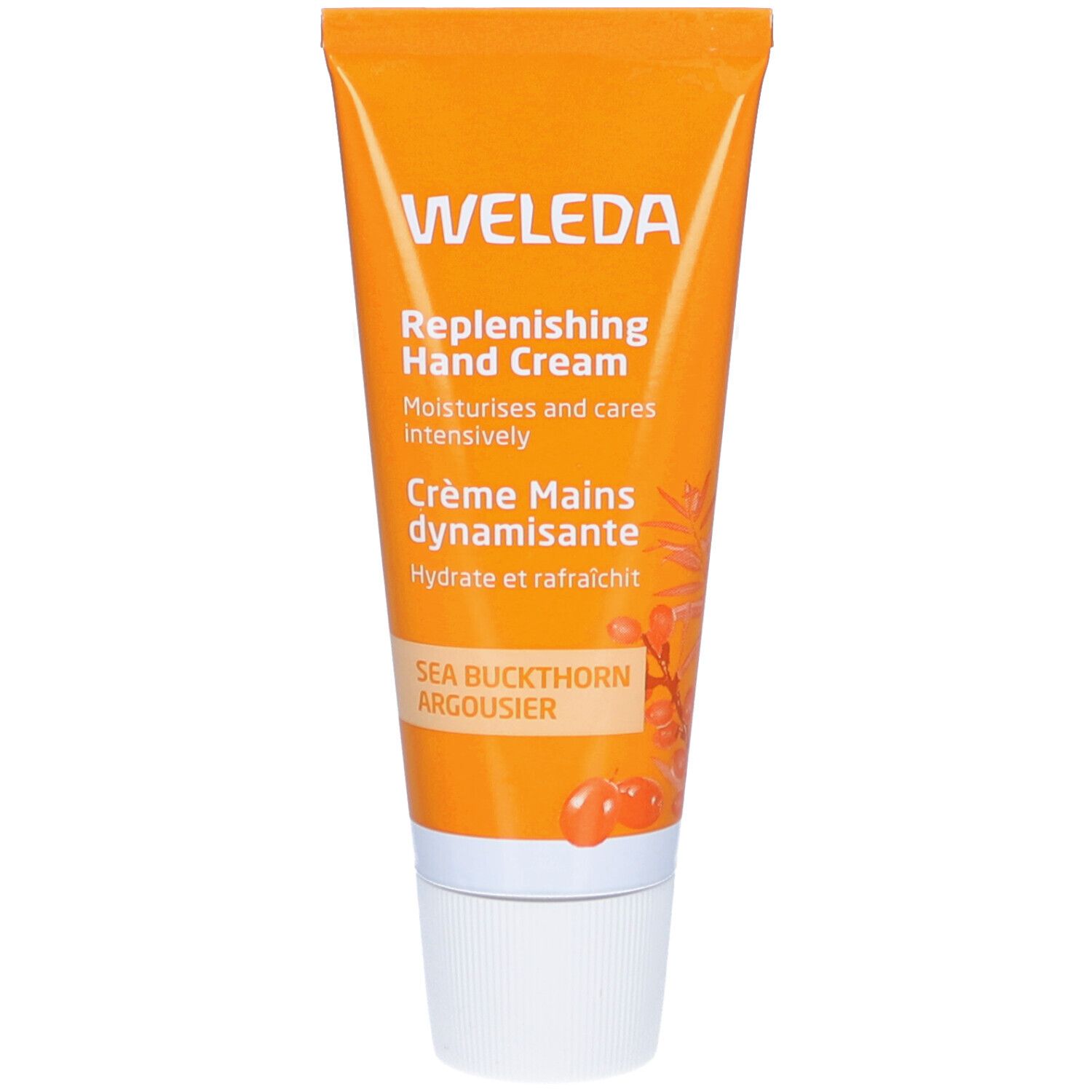 Weleda Handcreme-Tube, orange. Text: Replenishing Hand Cream, Crème Mains dynamisante, Sea Buckthorn Argousier.