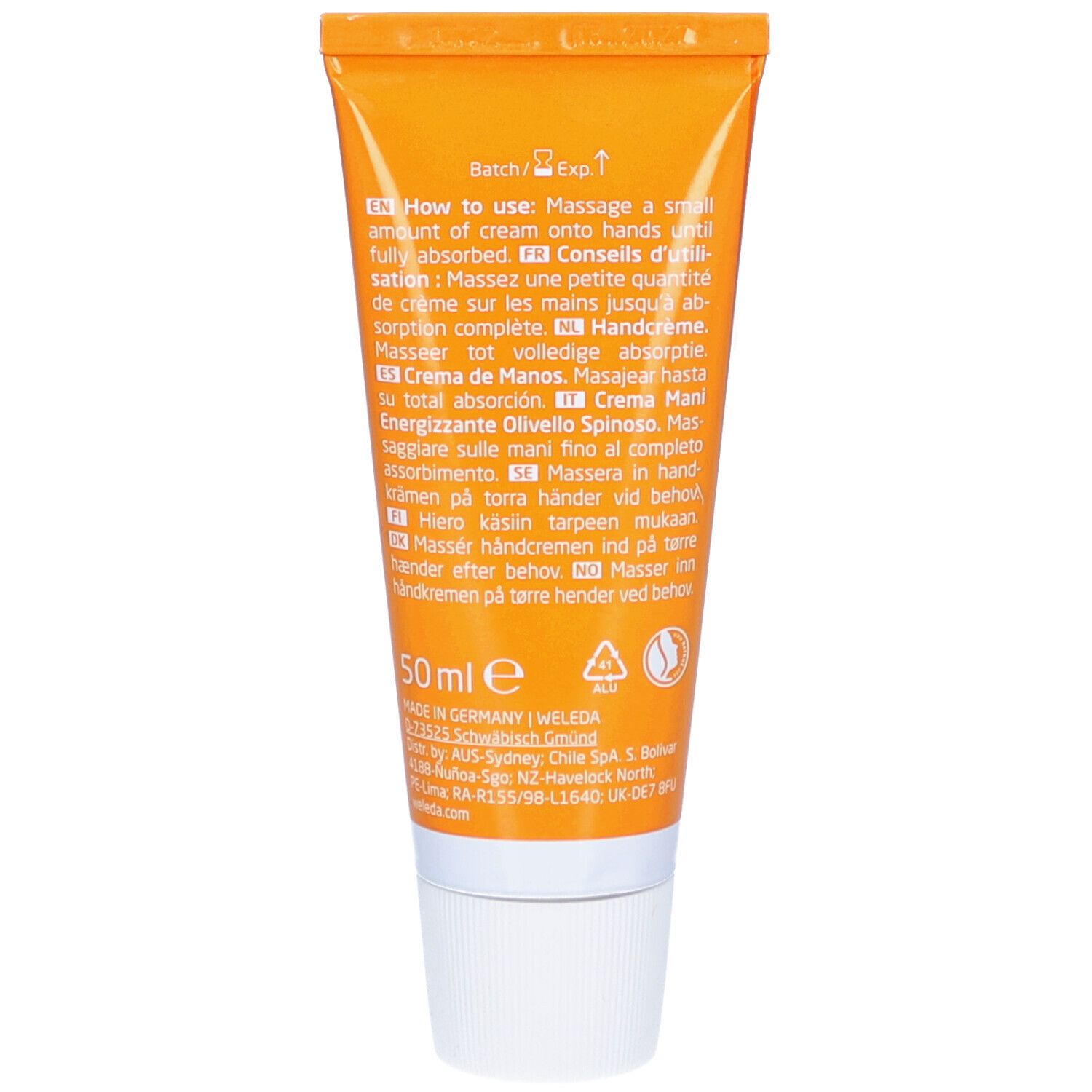 Rückseite der Weleda Handcreme-Tube. Text: Anwendungshinweise in mehreren Sprachen, 50ml, Inhaltsstoffe, Hergestellt in Deutschland.