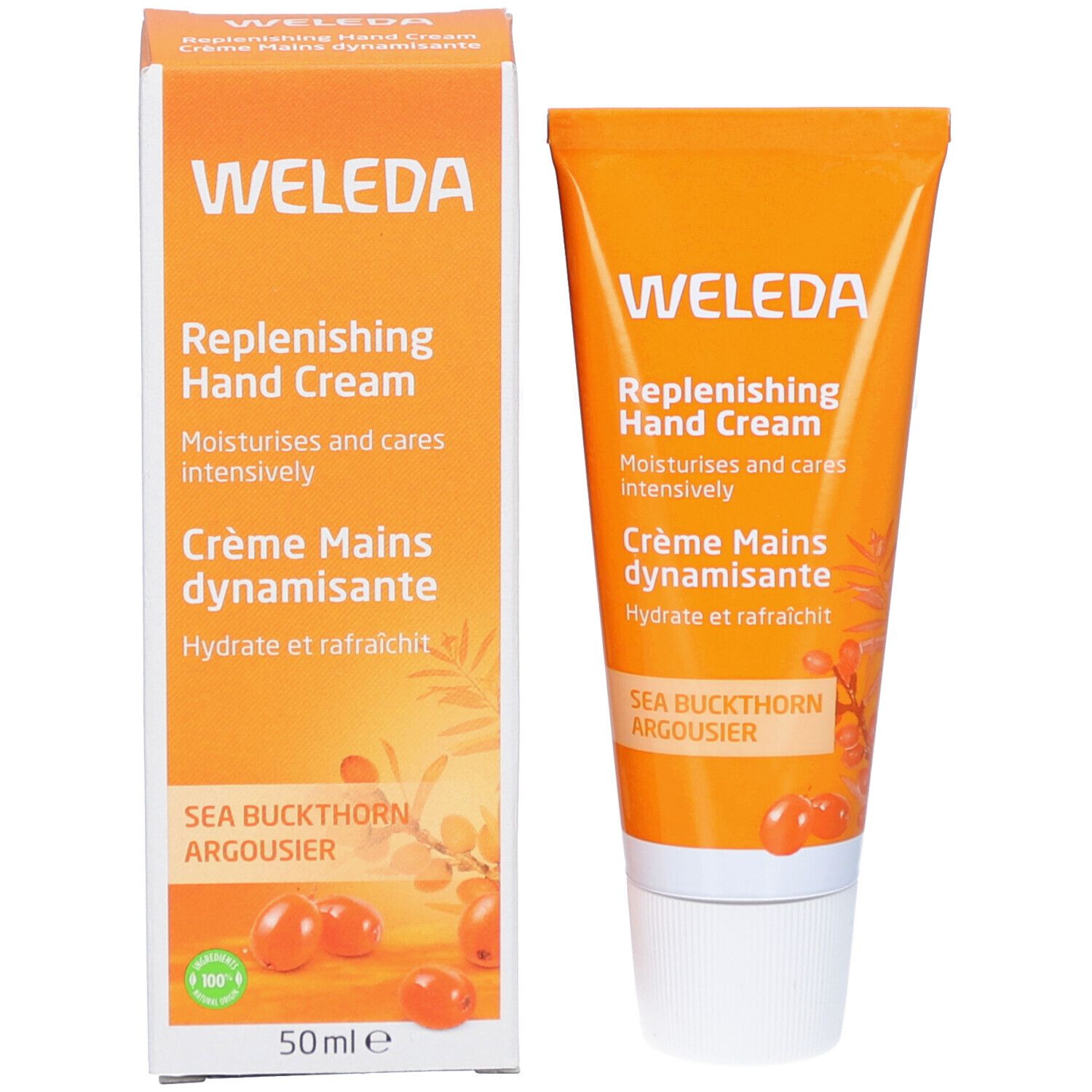 Weleda Handcreme-Tube und Schachtel. Text: Replenishing Hand Cream, Crème Mains dynamisante, Sea Buckthorn Argousier, 50ml.