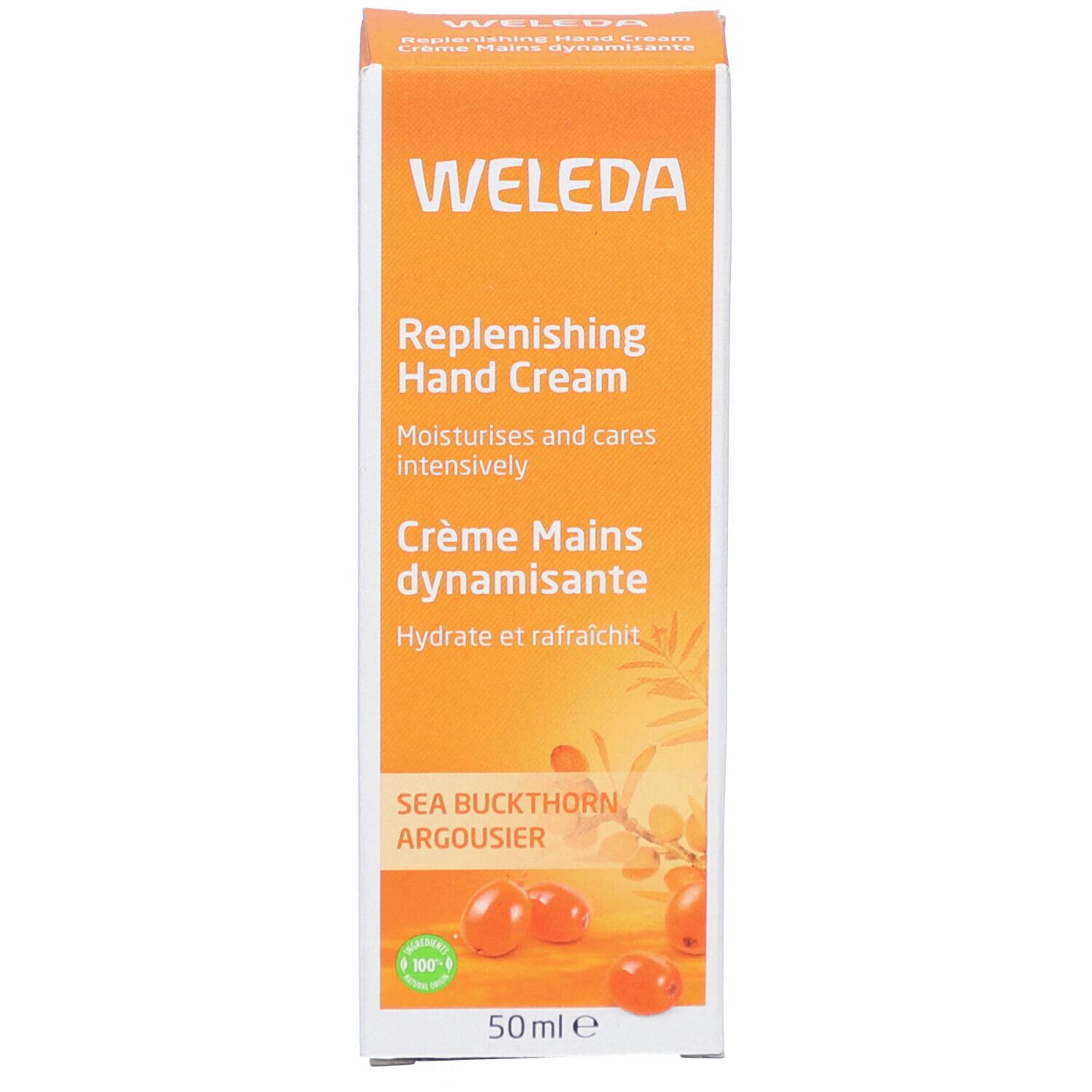 Weleda Handcreme-Schachtel. Text: Replenishing Hand Cream, Crème Mains dynamisante, Sea Buckthorn Argousier, 50ml.