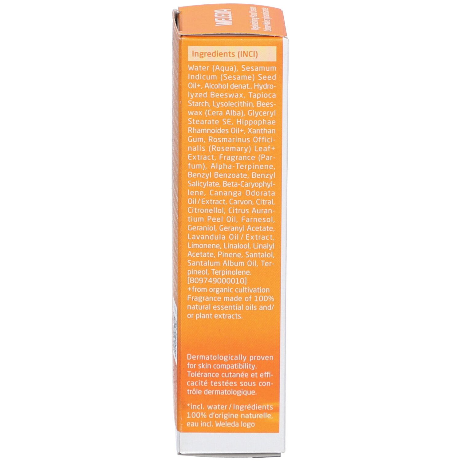 Weleda Handcreme-Schachtel, Inhaltsstoffe. Text: Inhaltsstoffe (INCI), Wasser, Sesamöl, Bienenwachs, etc.